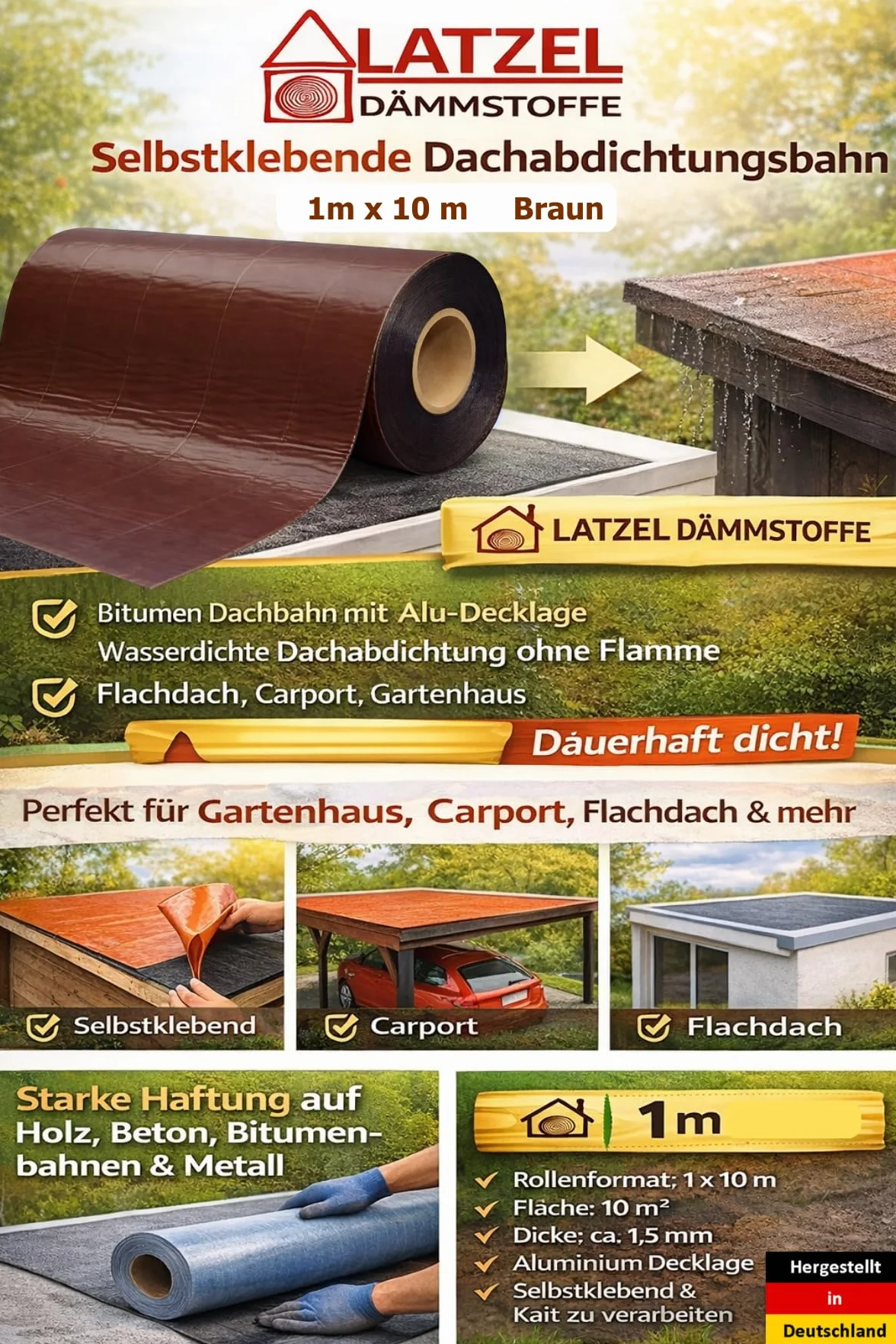 Bande d'étanchéité de toit en bitume autocollante 10 m² marron avec revêtement en aluminium