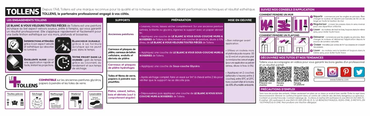 Tollens - Peinture Blanche Velours - Toutes Pièces - Pour Murs, Plafonds et Boiseries - Opacité Renforcée - Séchage Rapide - Lessivable - Fabriqué en France - Blanc - 2,5L = 30m2