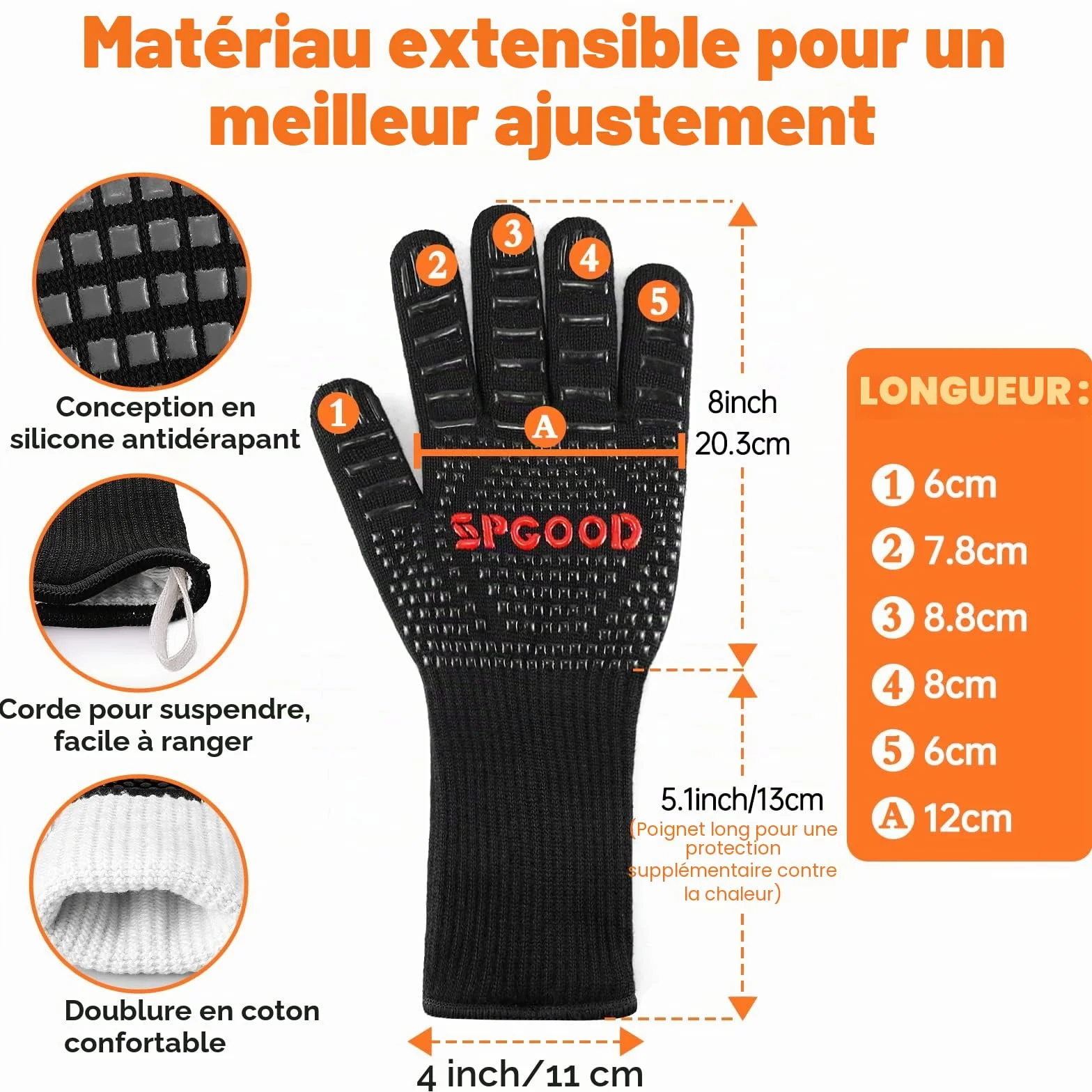 SPGOOD Gants de Barbecue Anti-Chaleur Jusqu'à 800°C Noir L/XXL