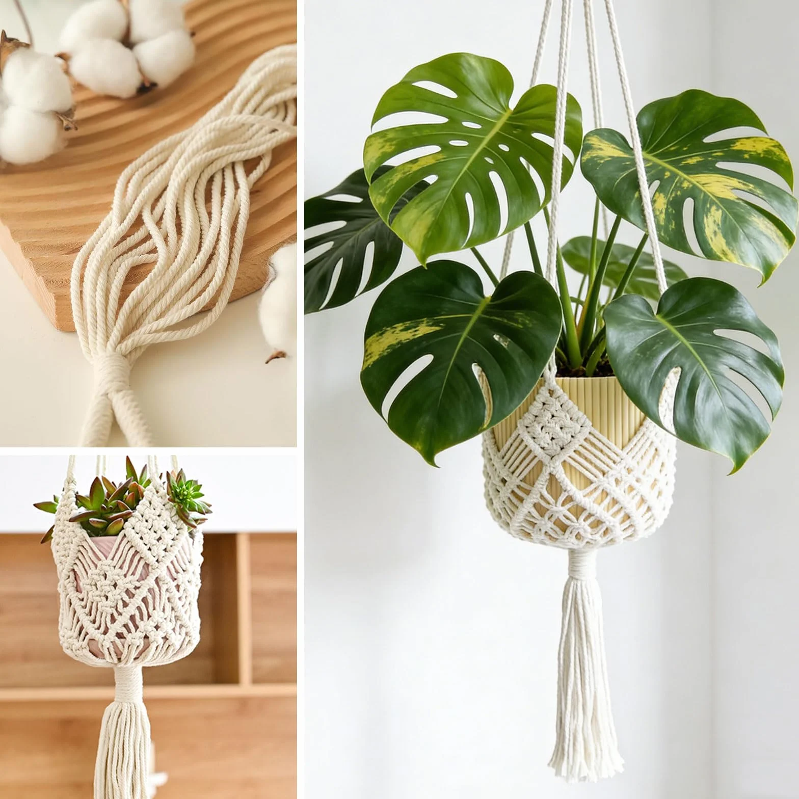Suspensions Macramé pour Plantes Lot de 2, Supports Boho Intérieur Extérieur, Jusqu'à 20 cm