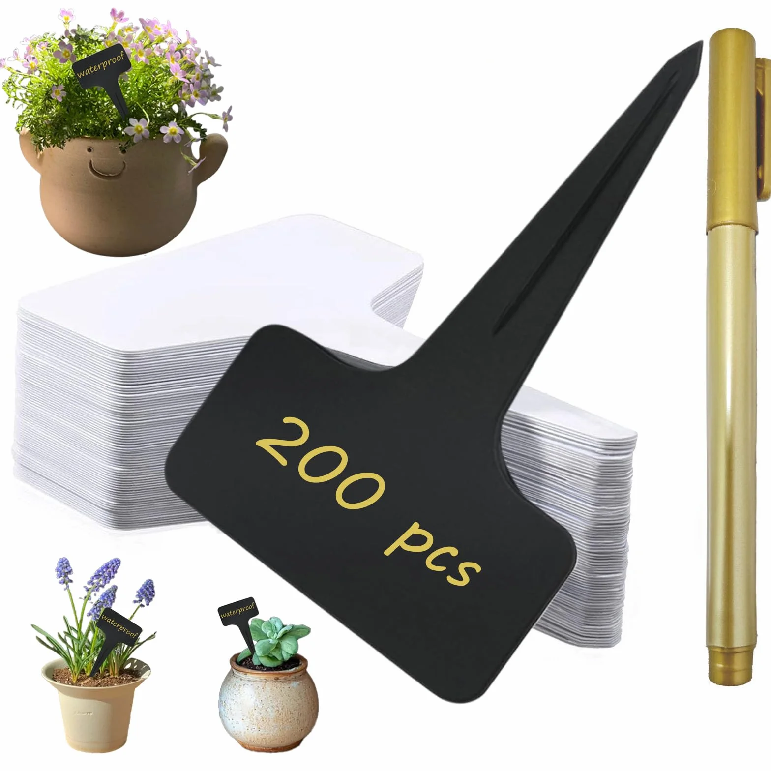 Set 200 étiquettes pour plantes jardin extérieur 10x6cm blanc noir marqueur inclus