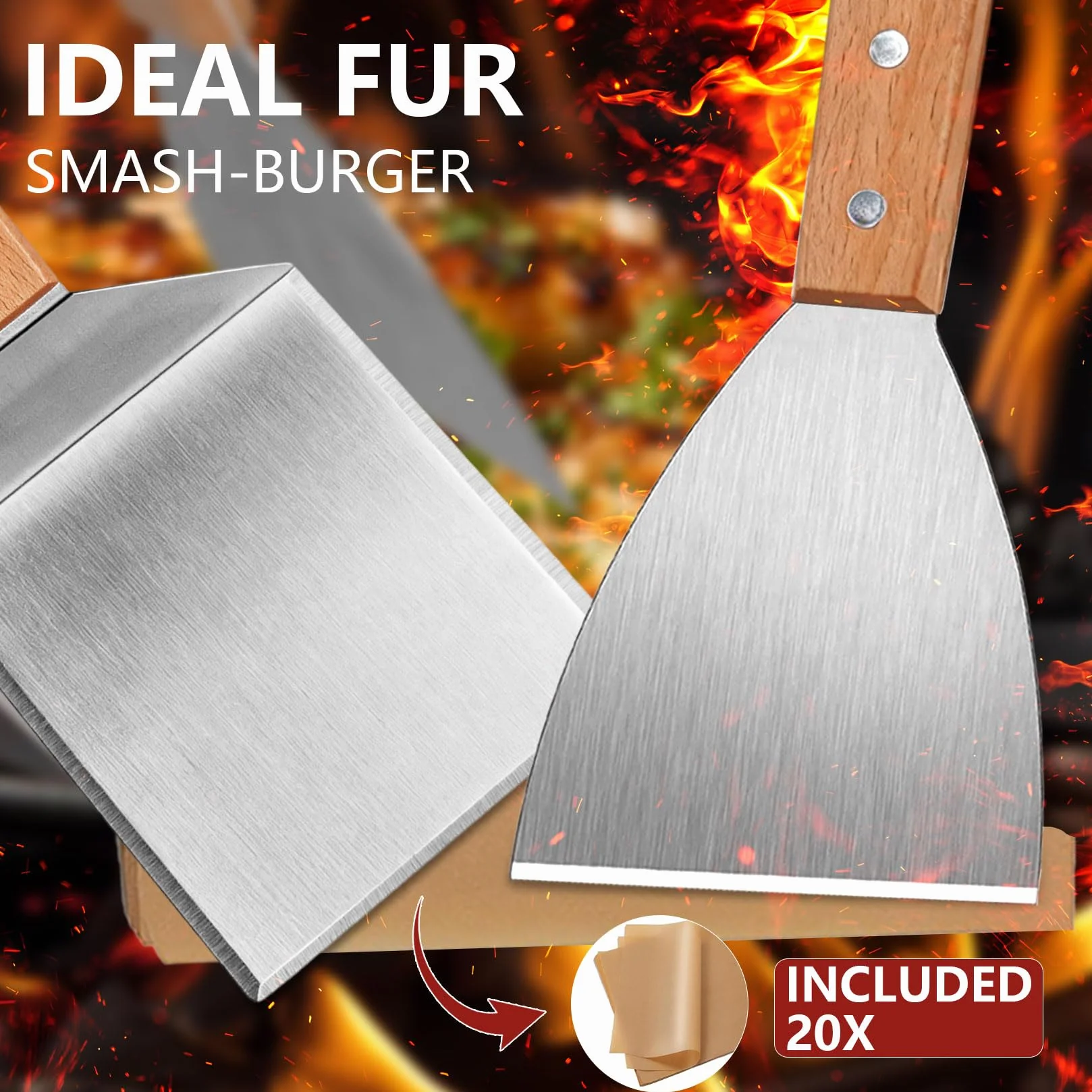 Spatule Plancha Inox avec Manche en Bois pour Barbecue Smash Burger BBQ Ustensile de Cuisine - 2 Pièces