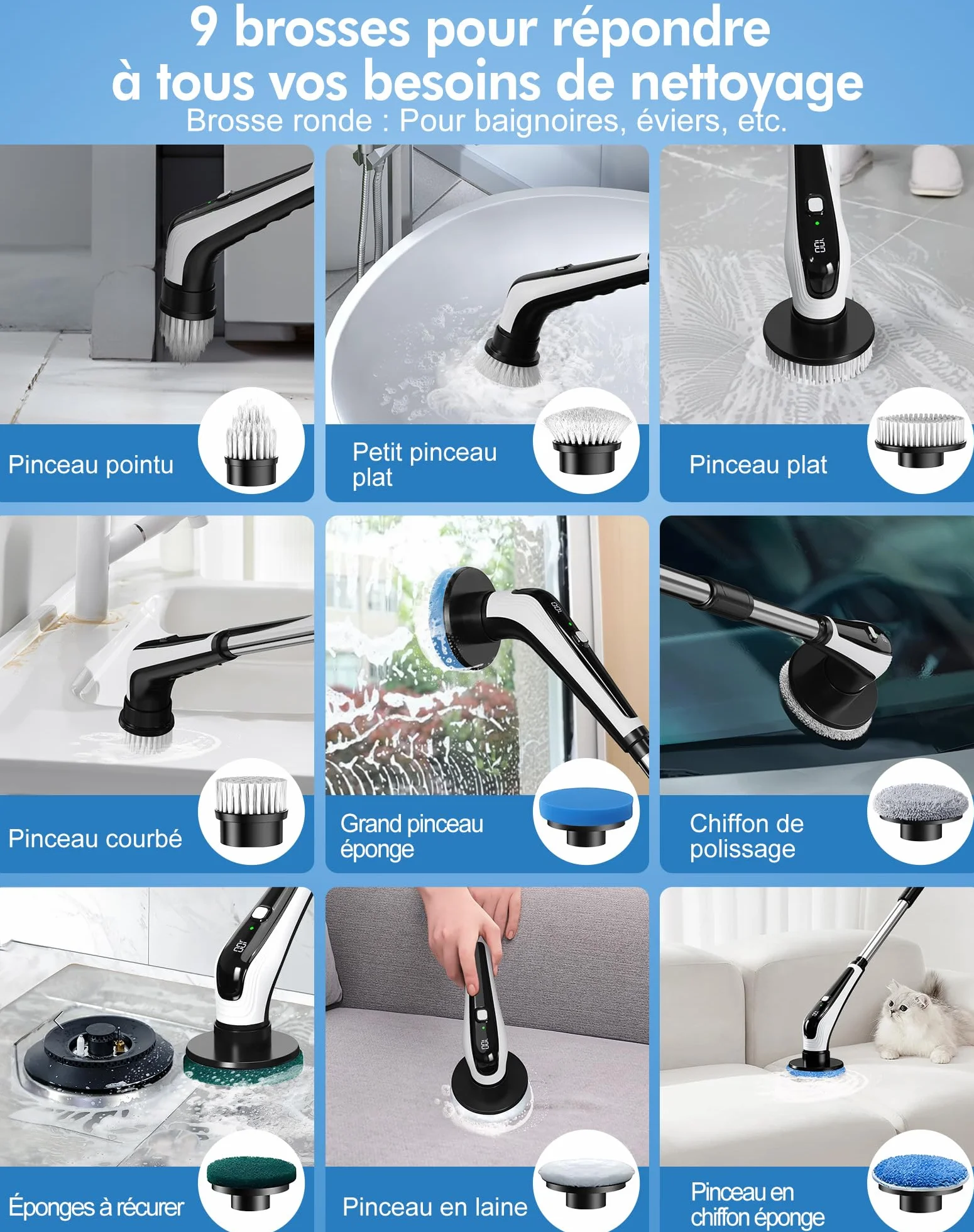 Brosse Rotative Nettoyage avec 9 Têtes, Manche Extensible 2 Vitesses, Batterie 3000mAh, Brosse Nettoyage Electrique étanche IPX8 pour Salle de Bain, Cuisine et Voiture