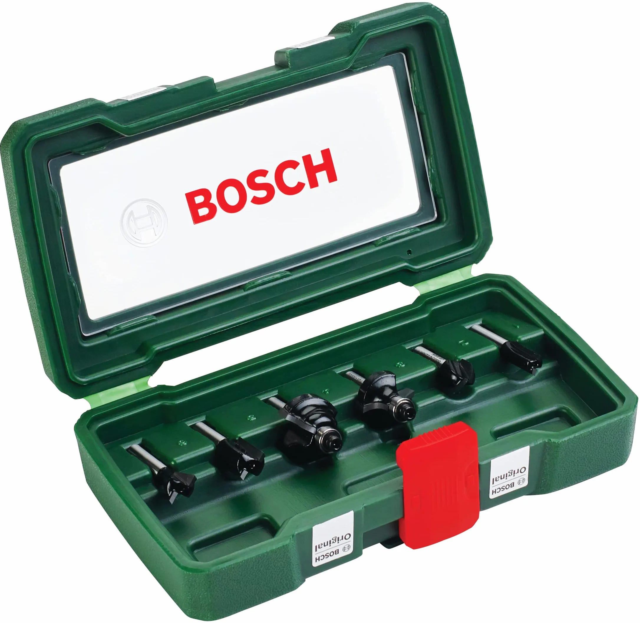 Bosch 6 pièces Ensemble de fraises au carbure (pour le bois, emmanchement Ø 6 mm, accessoires défonceuse)