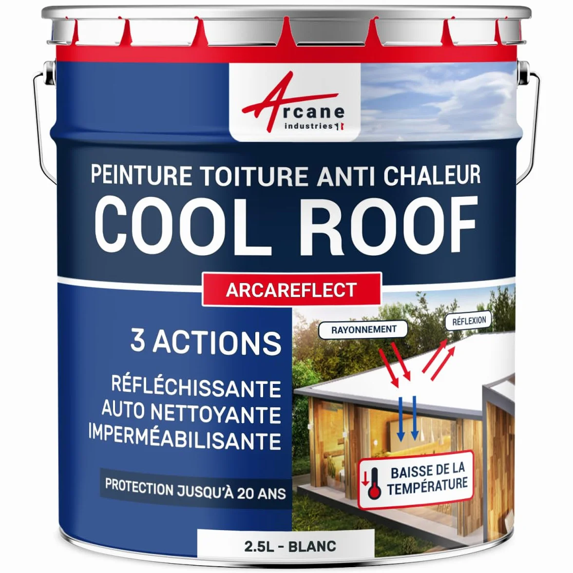 ARCANE INDUSTRIES Peinture Cool Roof Réfléchissante pour Toiture, Anti Chaleur et Anti UV, Réduction Température sous Toit, Blanche - ARCAREFLECT - 2.5 L Blanc