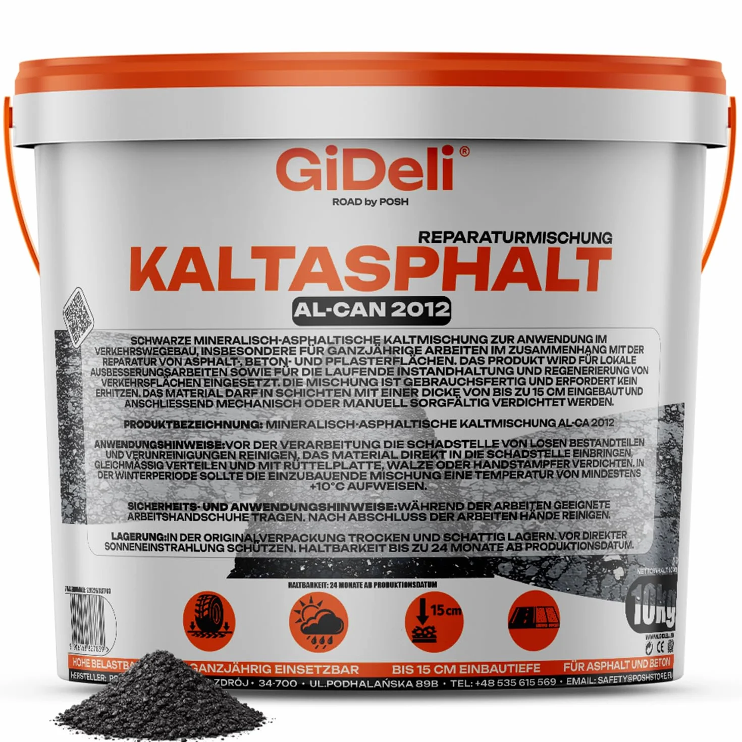 GiDeli Bitume à froid 10 kg dans un seau - Prêt à l'emploi pour réparation d'asphalte et remplissage de fissures - avec une granulométrie de 0-8 mm - Enduit bitumineux - Utilisation universelle