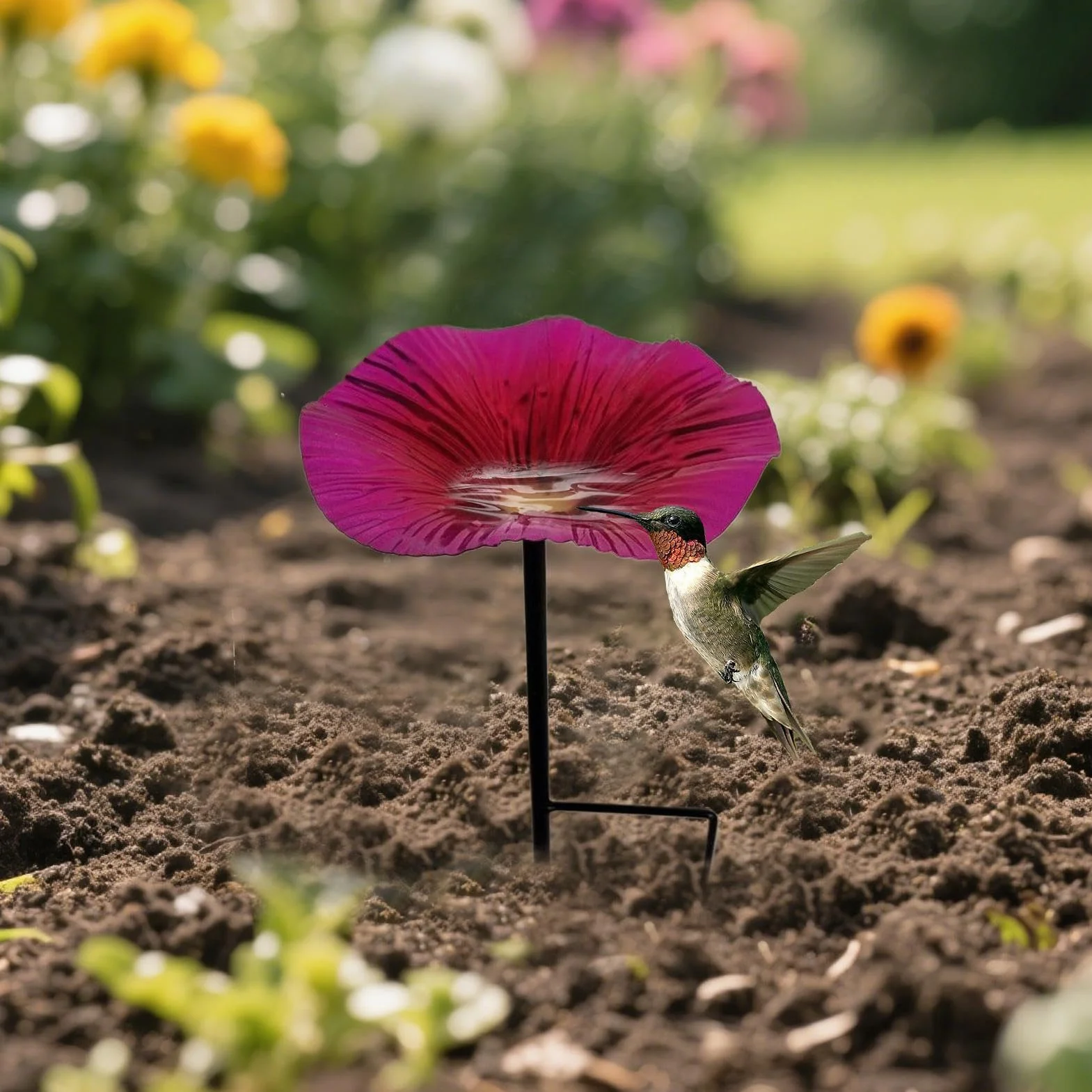 Bain d'oiseaux en fer en forme de fleur pour extérieur sur pied