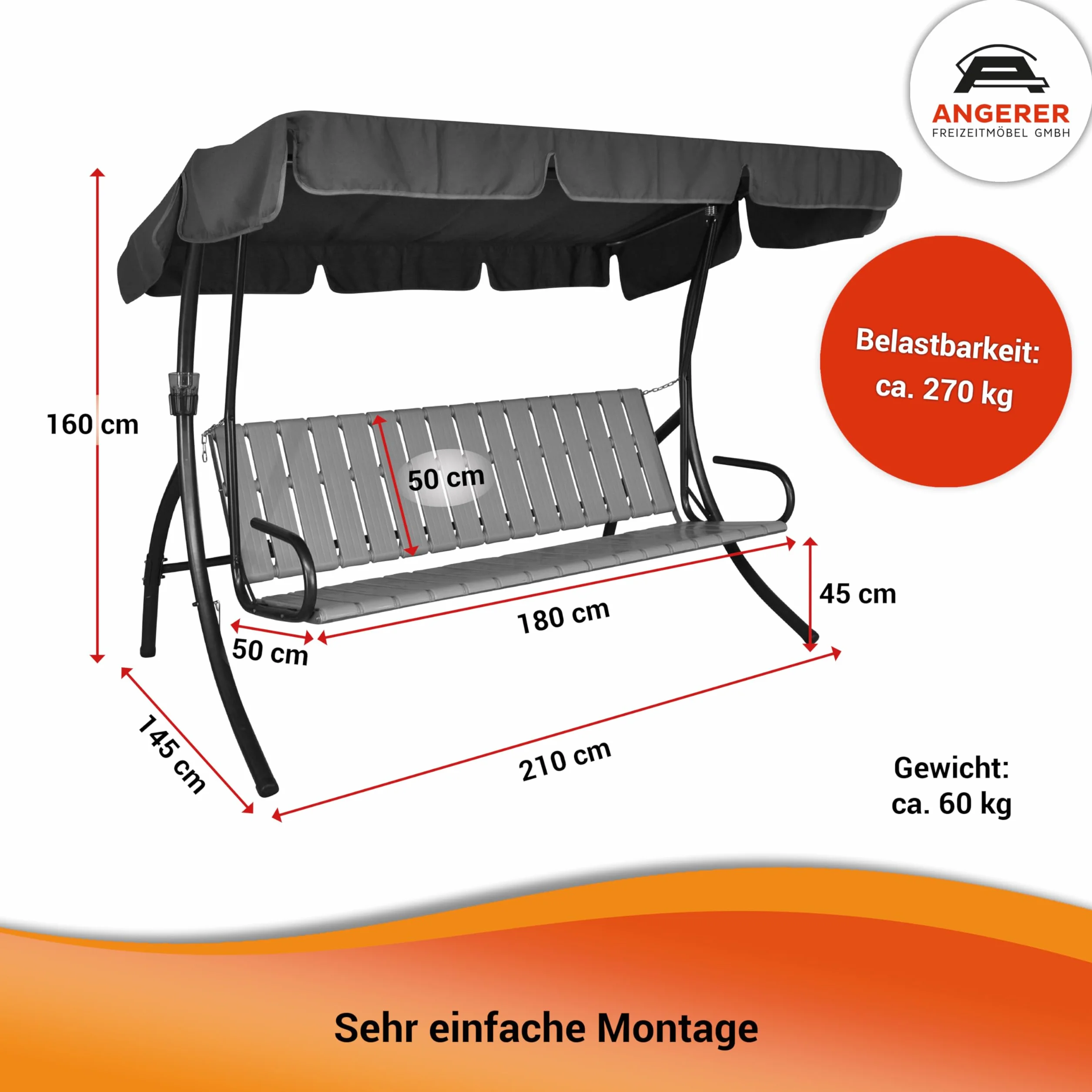 Angerer Balancelle de Jardin Trend 3 Places Convertible en Lit Acier Galvanisé Toit Ajustable Coussins Lavables 270 kg