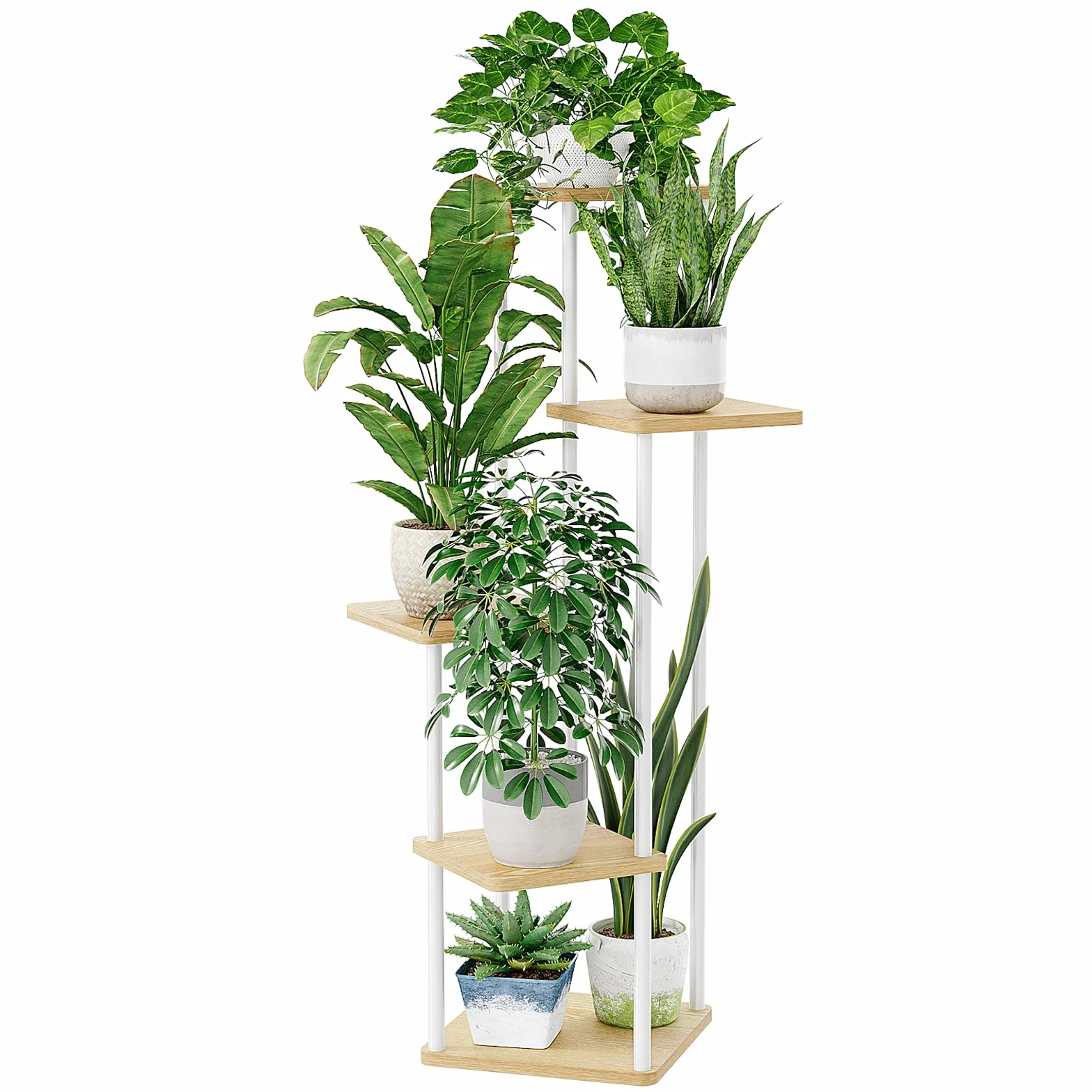 Bamworld Support Plantes Intérieur 5 Niveaux, Étagère Plante Métal Blanc, Porte Plante Extérieur