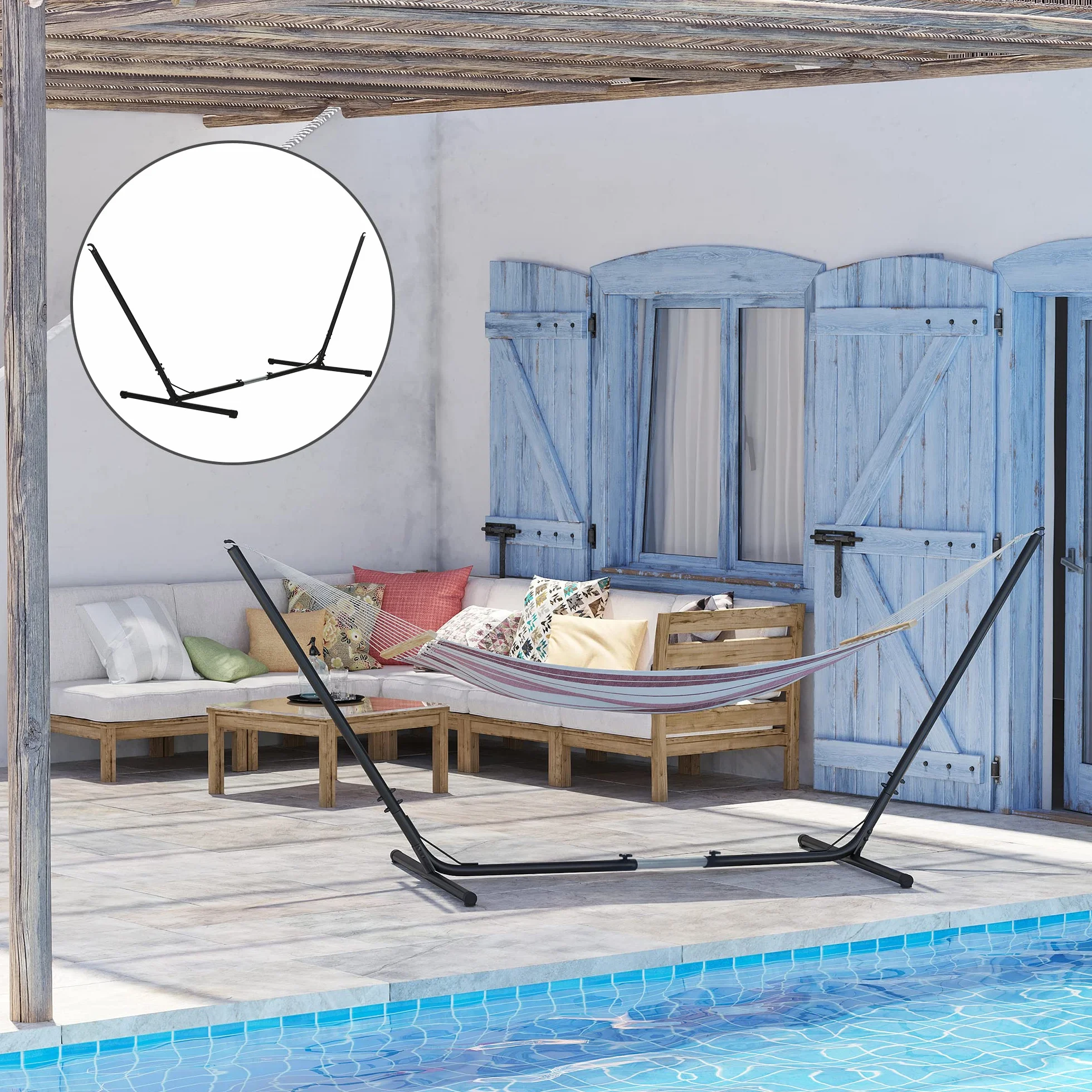 Outsunny Support Pied de hamac réglable métal époxy Noir 3,08-3,80L x 1,09l x 1,16H m