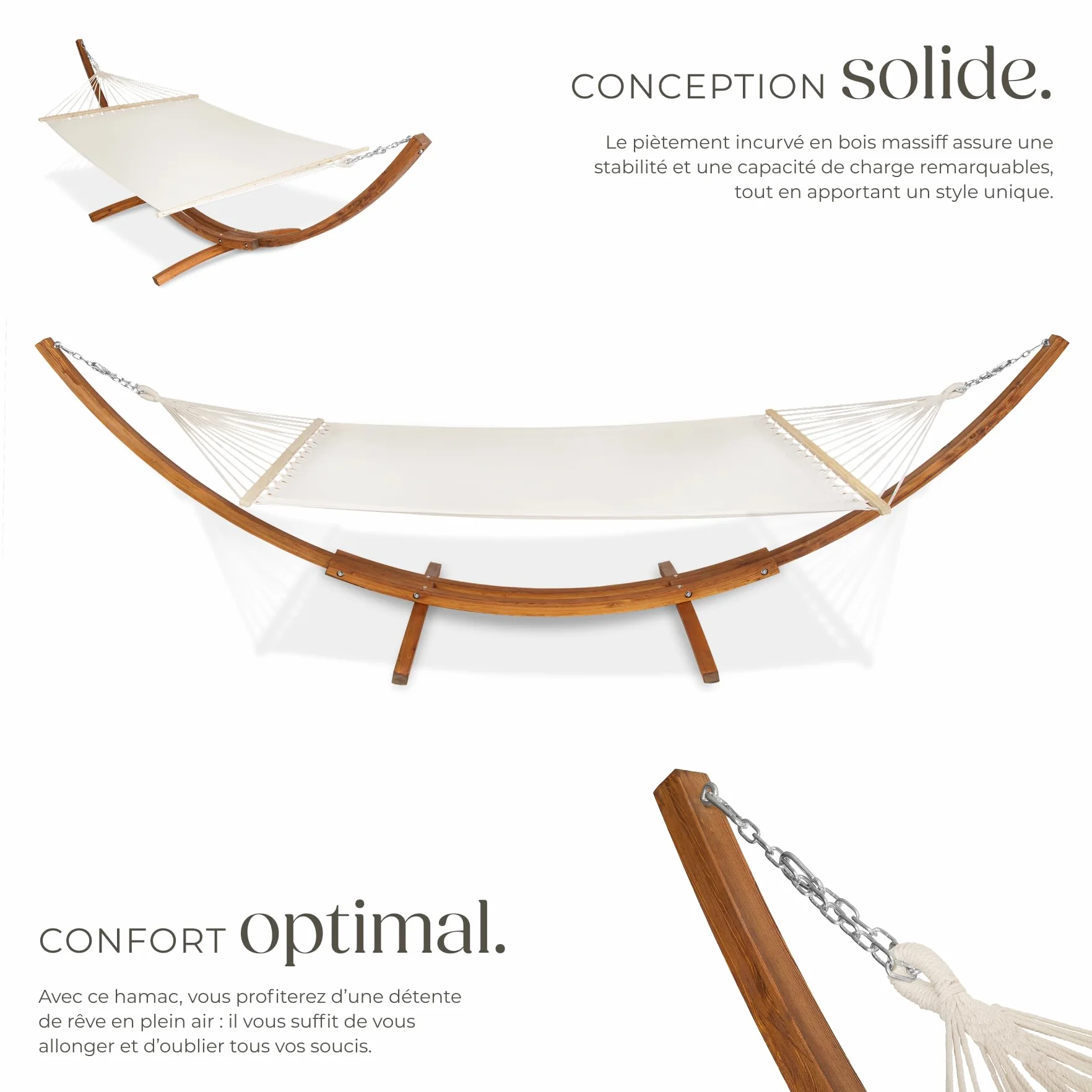 Hamac sur Pied XXL 2 Places Coton avec Support en Bois 415x150x124cm 200kg Couchage 205x150cm Ajustable pour Terrasse