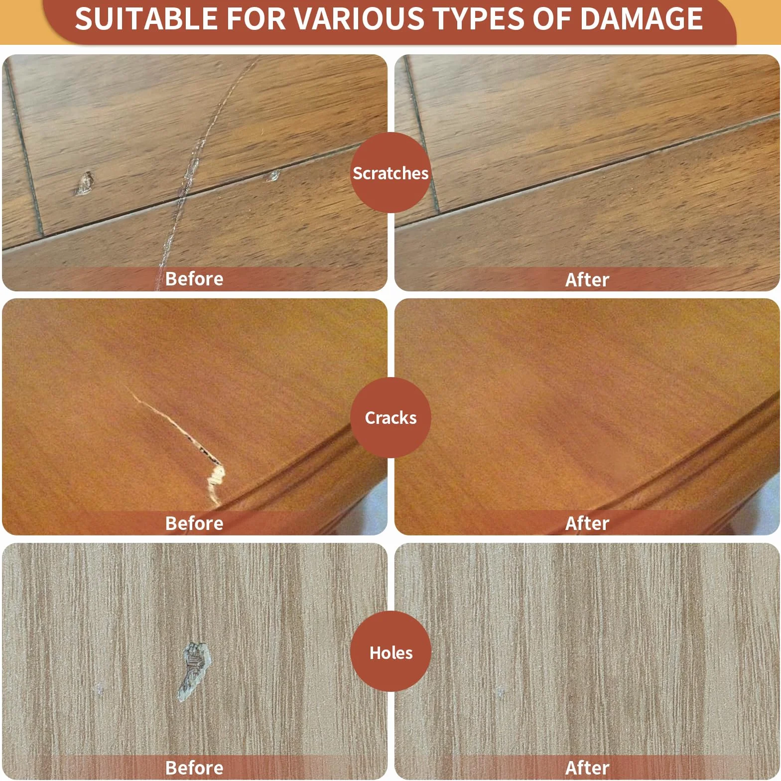 Kit Reparation Parquet 8 Couleurs Brun, Pate a Bois, Pate a Bois Rebouchage, Pâte à Bois, Parquet Stratifié pour Réparer les Rayures, Fissures et Trous sur le Stratifié et le Bois
