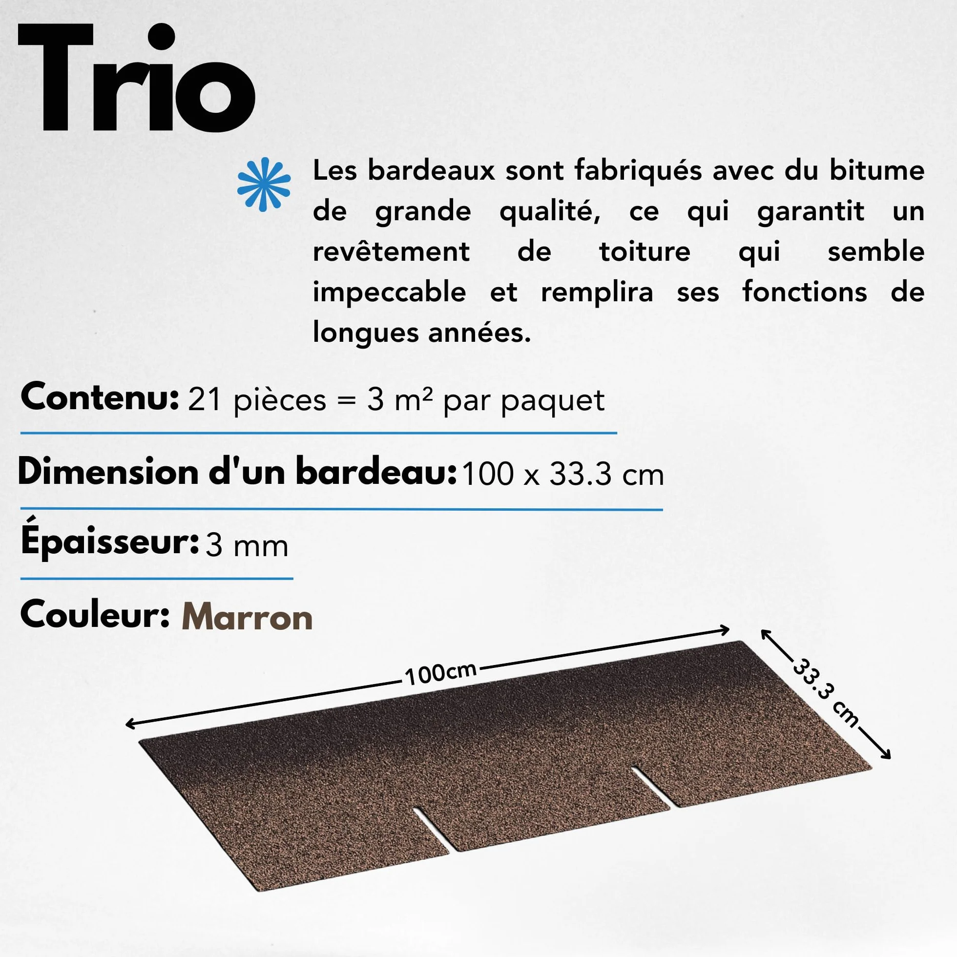 Bardeaux bitumineux TRIO T-BROWN, couleur marron - bitume toiture