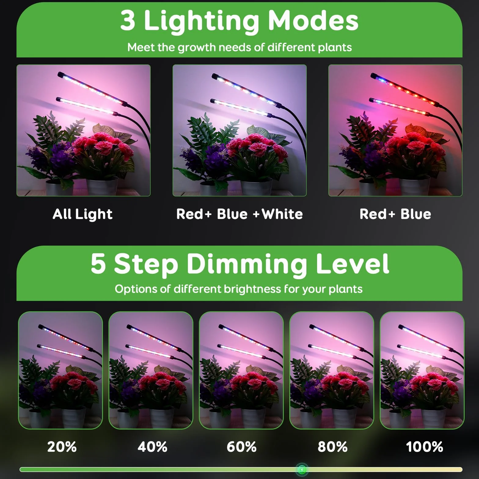 Lampe de Croissance LED 2 Têtes, Spectre Complet, Minuteur, 3 Modes de Couleur, 5 Niveaux de Dimming, Plantes d'Intérieur (Rouge+Bleu)