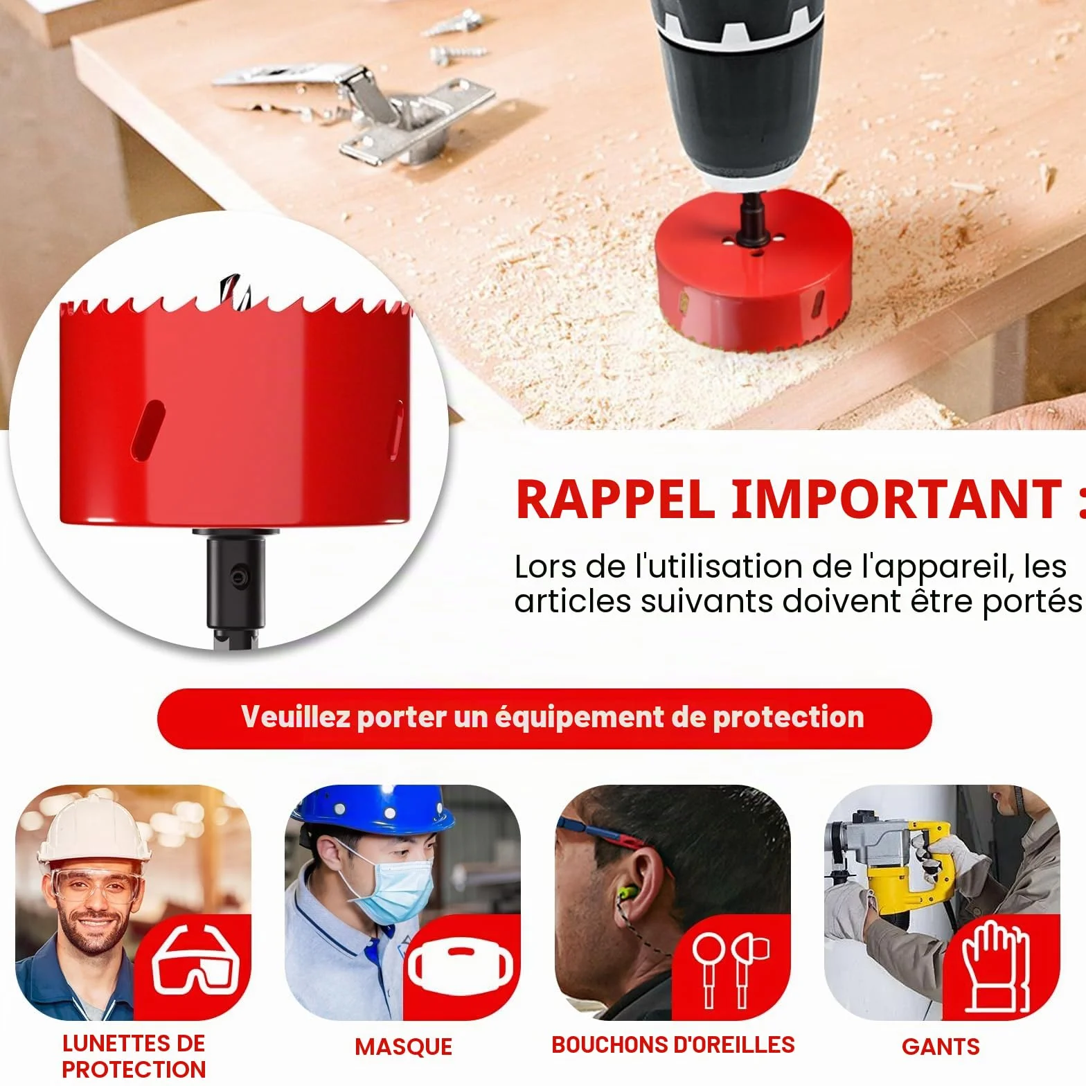 Couronne de forage de 105mm, Scie Cloche pour Bois, Foret Circulaire Bi-métal pour Placoplatre, Plastique, UPVC, Fibre de Verre
