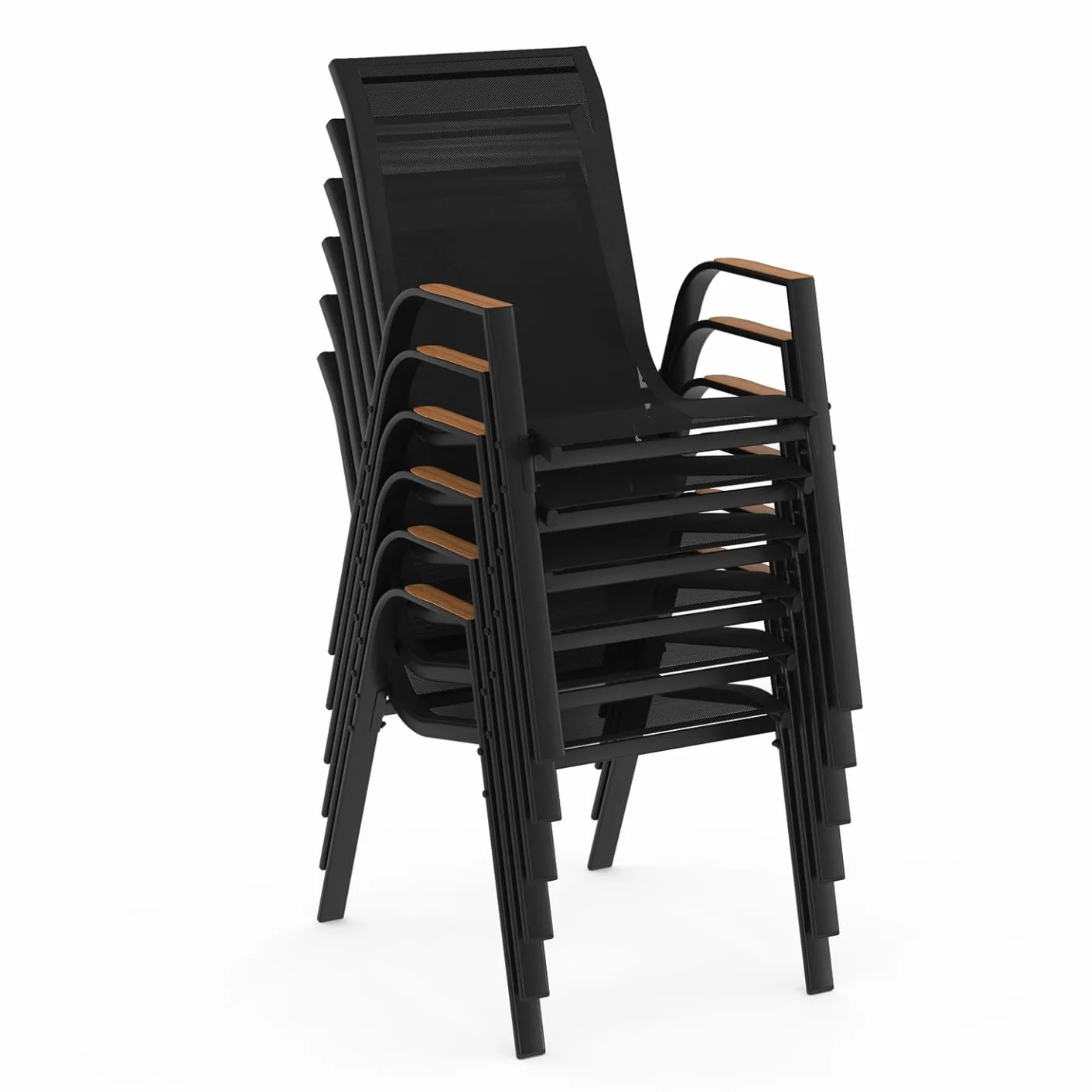 Salon de Jardin NOUMEA Table Extensible 135/270 cm Plateau Effet Bois 12 Chaises Empilables Noir Bois
