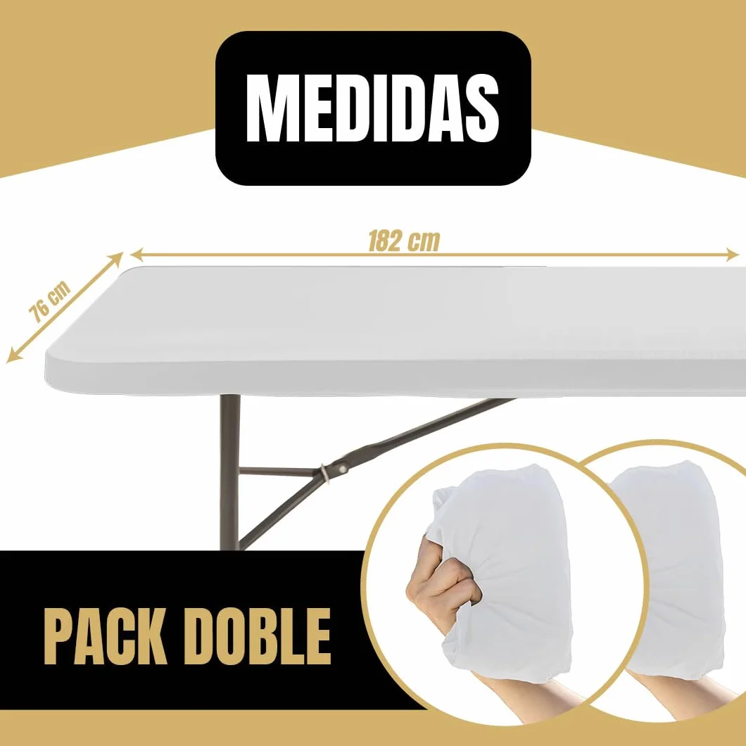 Lot de 2 Nappes Table Pliante 180 cm Blanches Housses Plateau Ajustées Tissu Spandex Déperlant Mariage Baptême