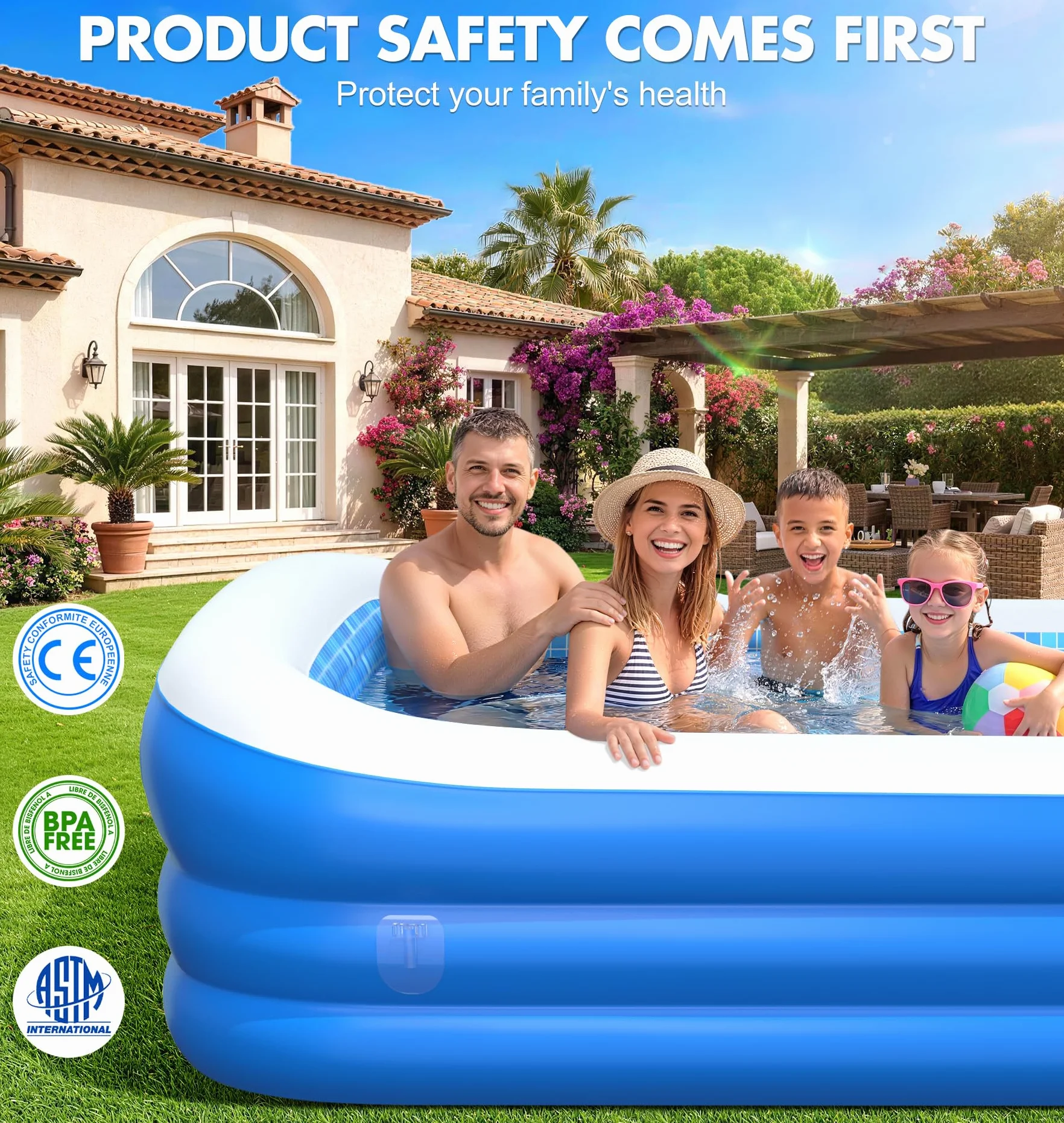 LanOcean Piscine Gonflable Adulte 280x160x50cm 0,53mm Épaisseur avec Parasol Siège Porte-gobelet