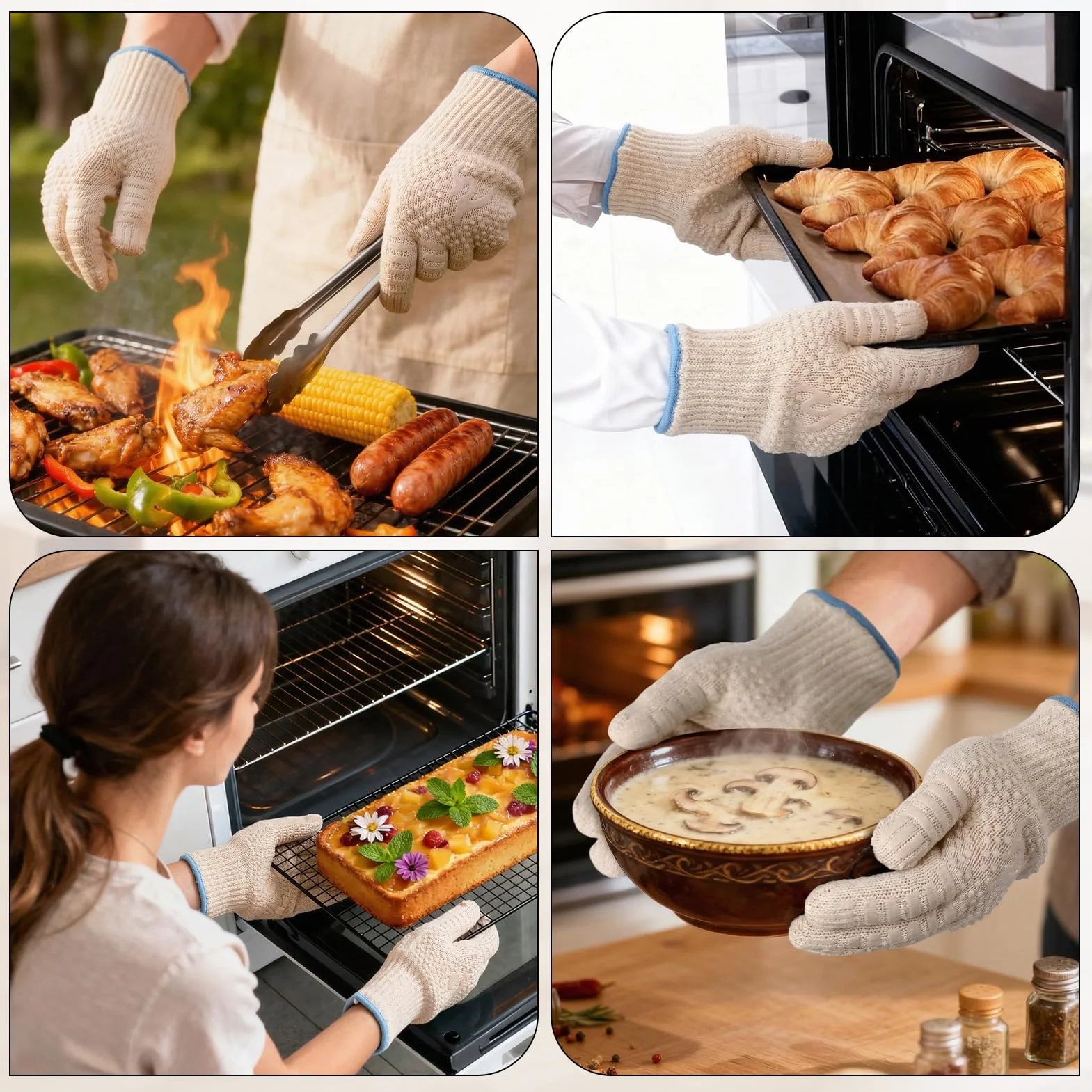 Gants Anti Chaleur Cuisine Silicone Antidérapants Barbecue Intérieur Extérieur Coton Tricoté Épais BBQ Gril Cuisson Four