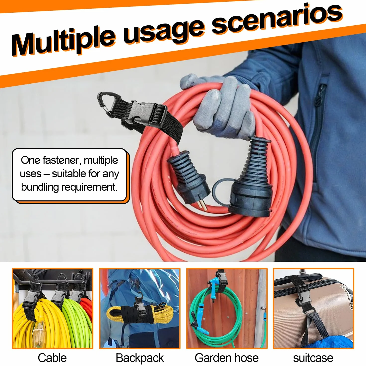 4 Attache Cable Largeur 3.8 cm Serre Cable Réglable (45/65 cm) Sangles Polyvalents avec Mousqueton et Boucle pour Rangement Garage les Tuyaux D'arrosage Rallonges Électriques et Câbles etc Noir