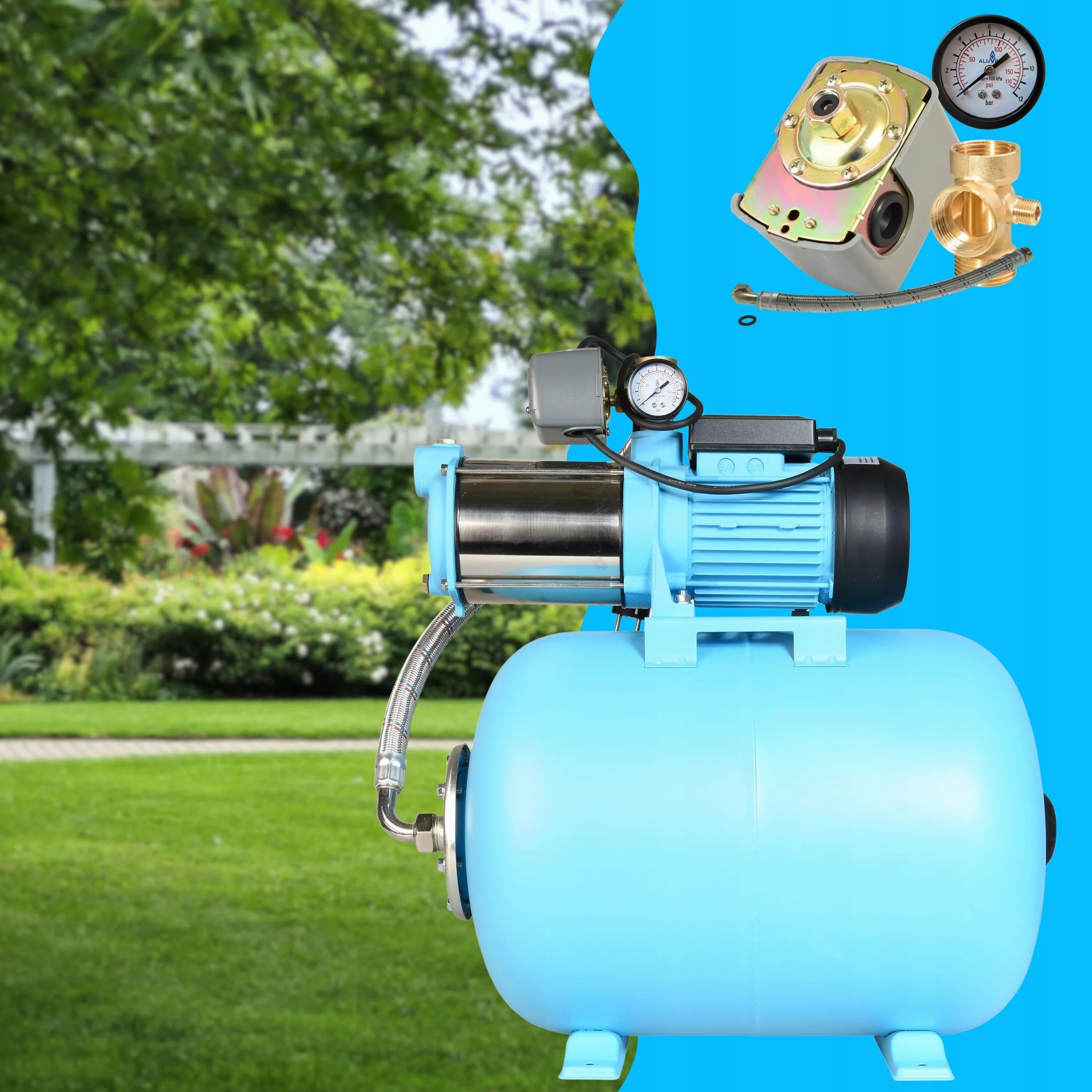 Pompe à Eau MAX-H 1300 avec Réservoir 50L - Pompe d’arrosage de Jardin (1300 W, 6000 l/h, hauteur max. 55 m) - Groupe de Surpression Set - Réservoir à Vessie Sous Pression 50 L - pour Eaux Claires
