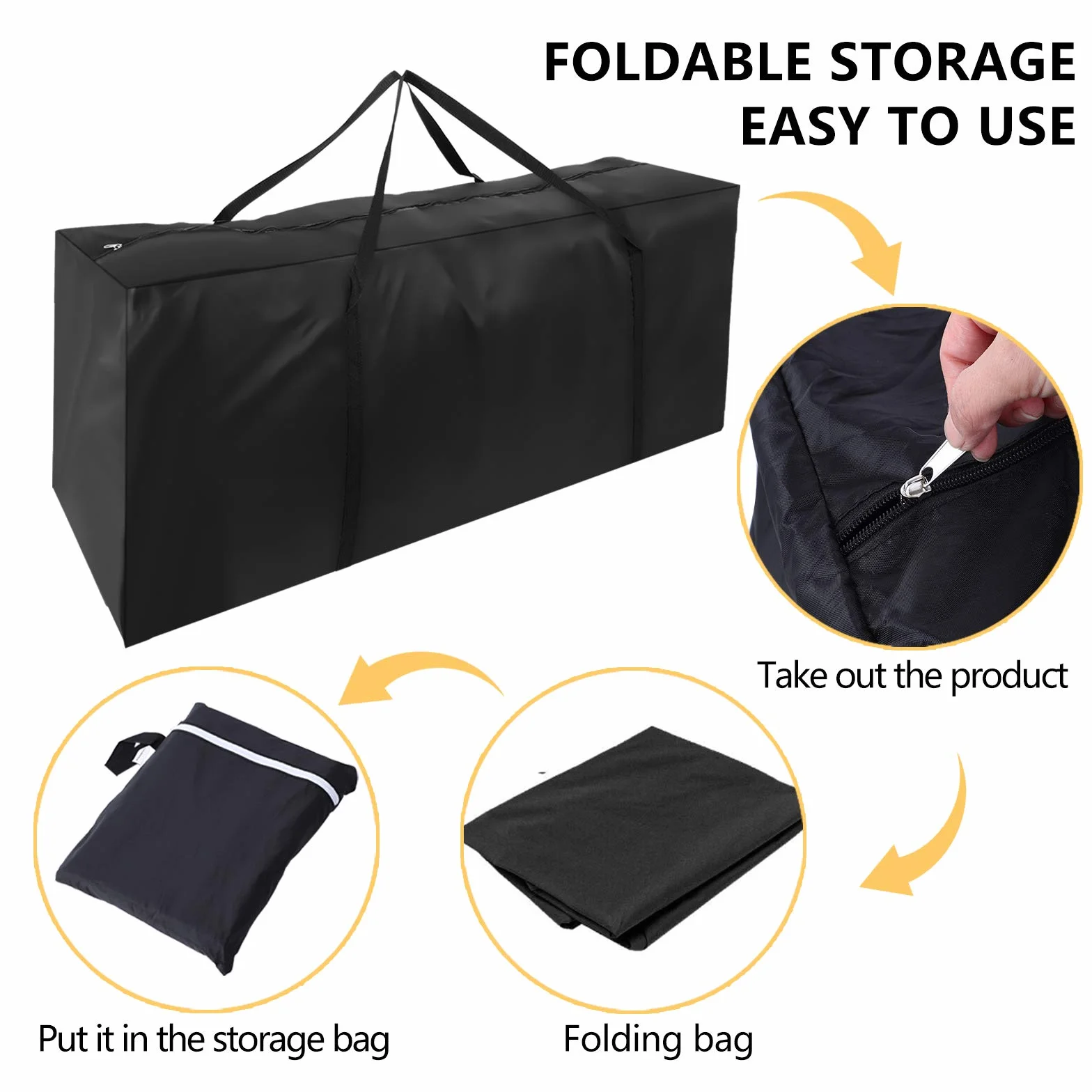 Herefun Grand Coussin Sac de Rangement 122x39x55 cm Oxford Tissu avec Poignée Zippé Noir