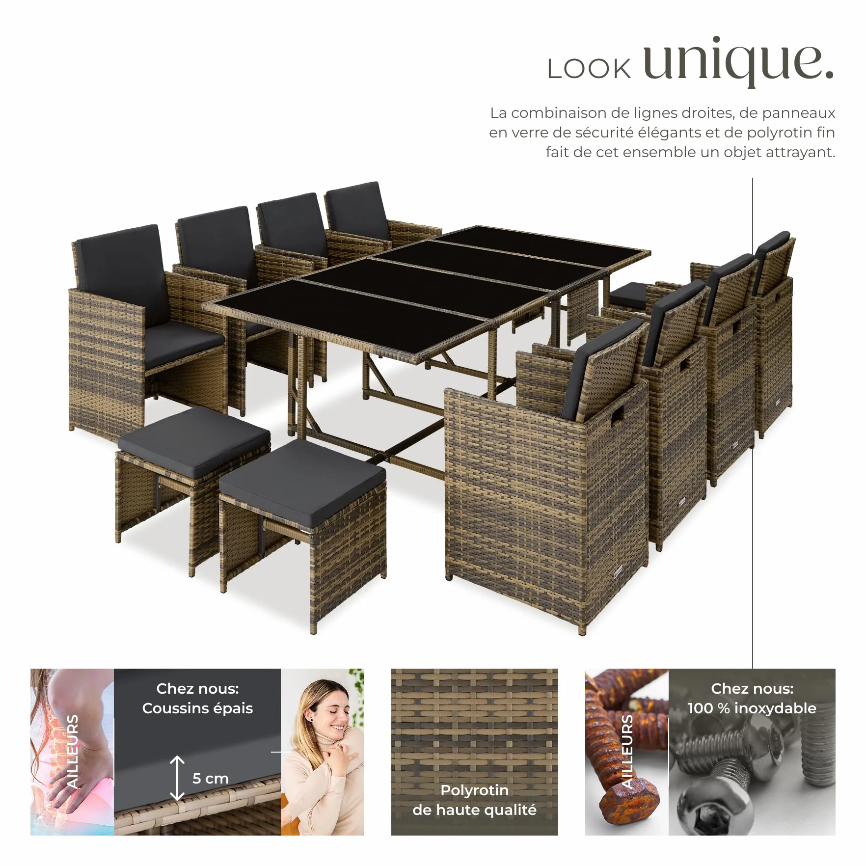 Tectake Salon en Résine Tressée Ensemble Repas Extérieur 8 Chaises 4 Tabourets 1 Table Marron Naturel Gris Foncé