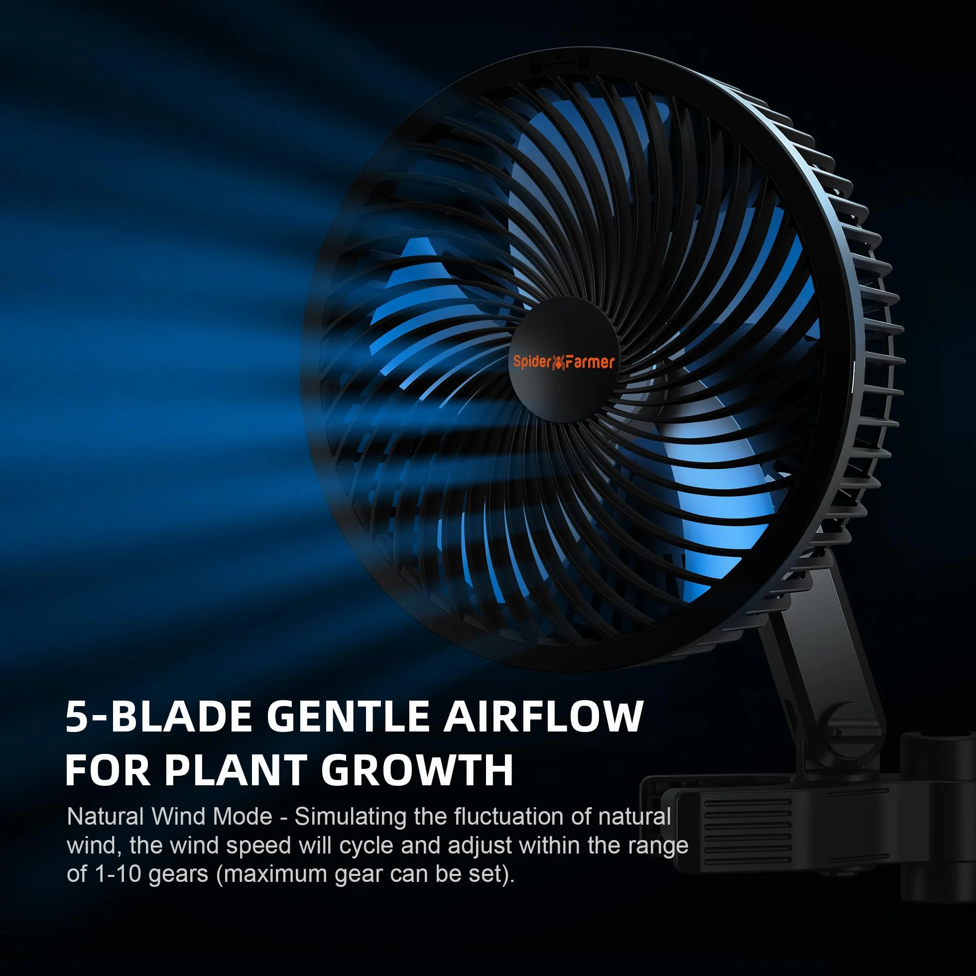 Spider Farmer Ventilateur Clipable 8W 10 Vitesses Contrôle par App Moteur EC IP54 Oscillant pour Tente de Culture