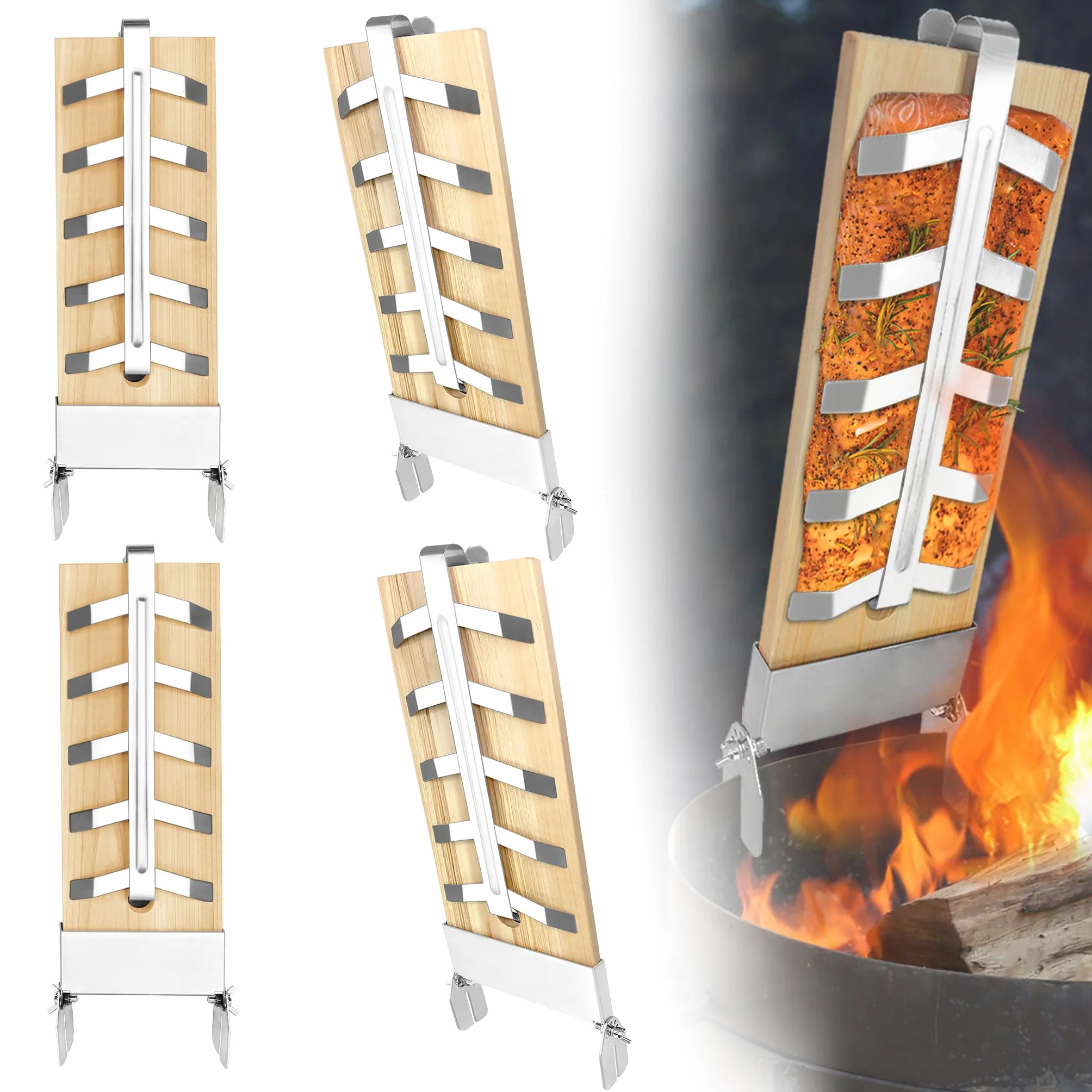 Lot de 4 planches à saumon avec support en acier inoxydable - Accessoire de barbecue pour poisson