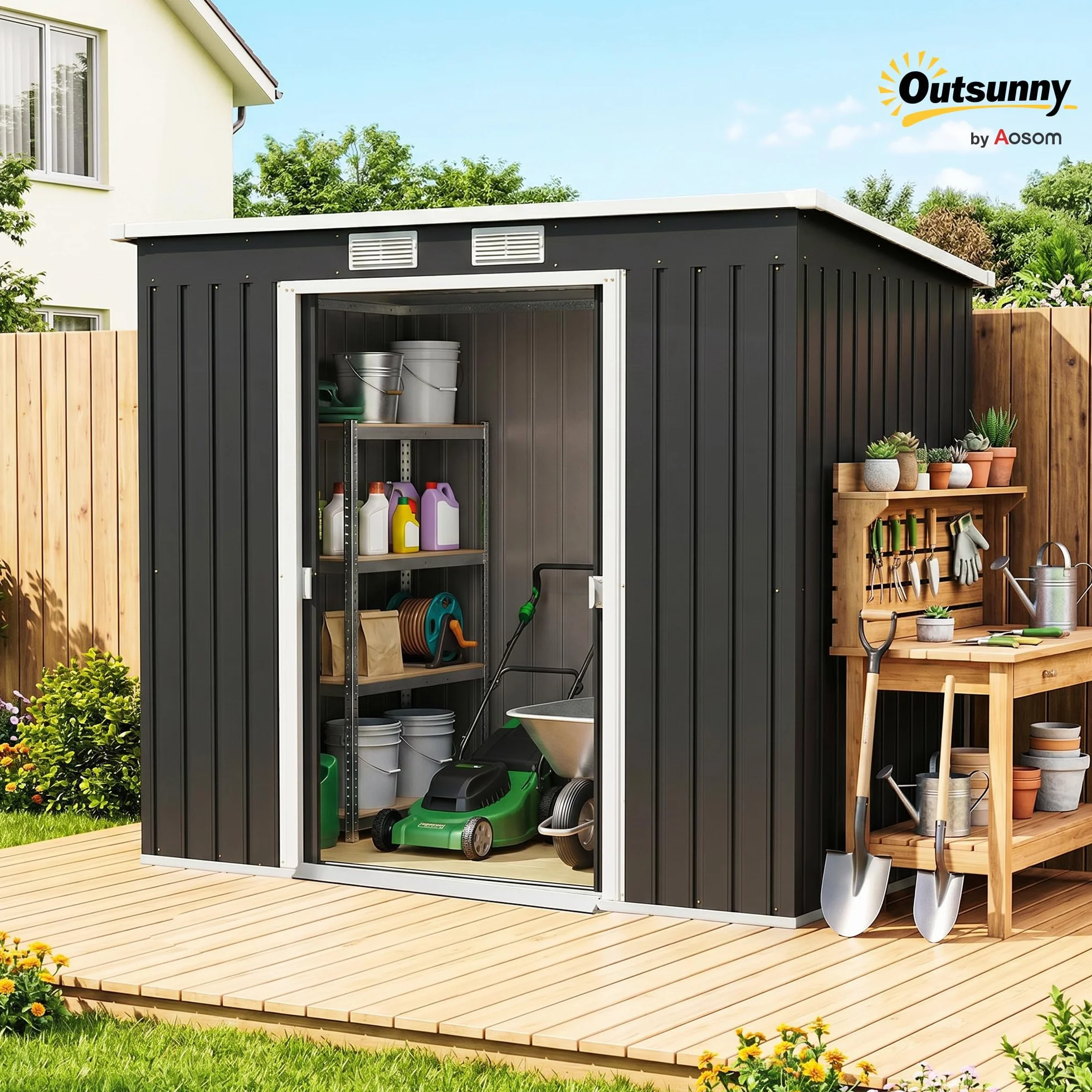 Outsunny Abri de Jardin Acier galvanisé 2,77 m² 213x130x172 cm Portes coulissantes verrouillables Gris foncé