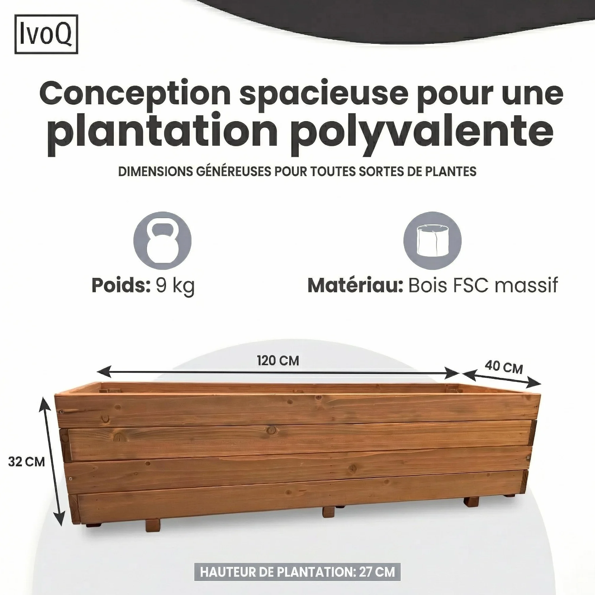 Jardinière en bois massif 120 x 40 x 32 cm FSC résistant aux intempéries