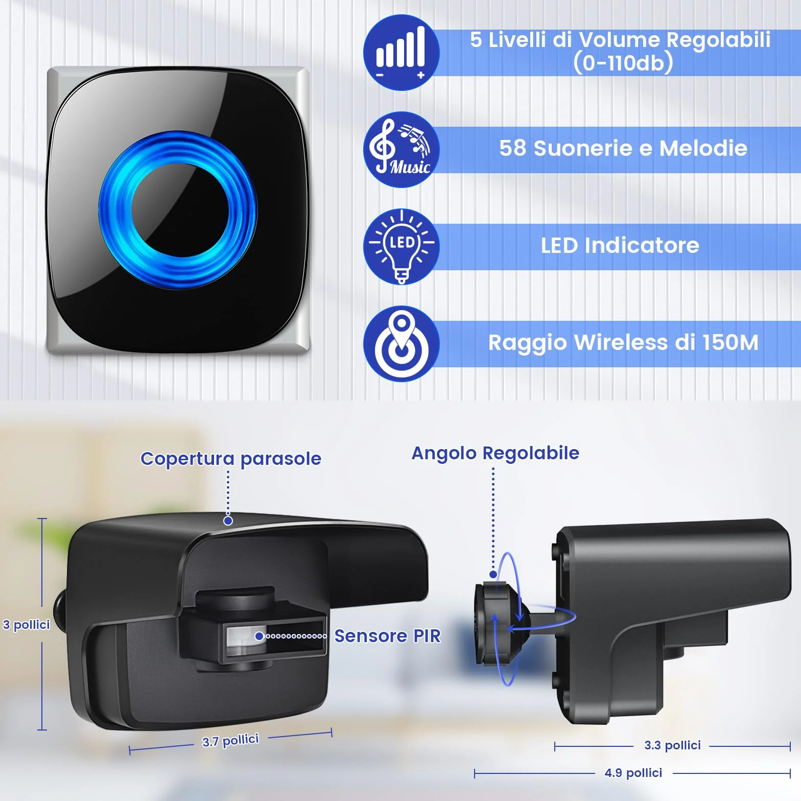 PHYSEN Détecteur de Mouvement extérieur pour Allée - Alarme sans Fil Longue Portée 150m avec 58 Sonneries - Également pour Garage, Maison, Entrée et Magasin - Kit 1 Capteur + 1 Récepteur