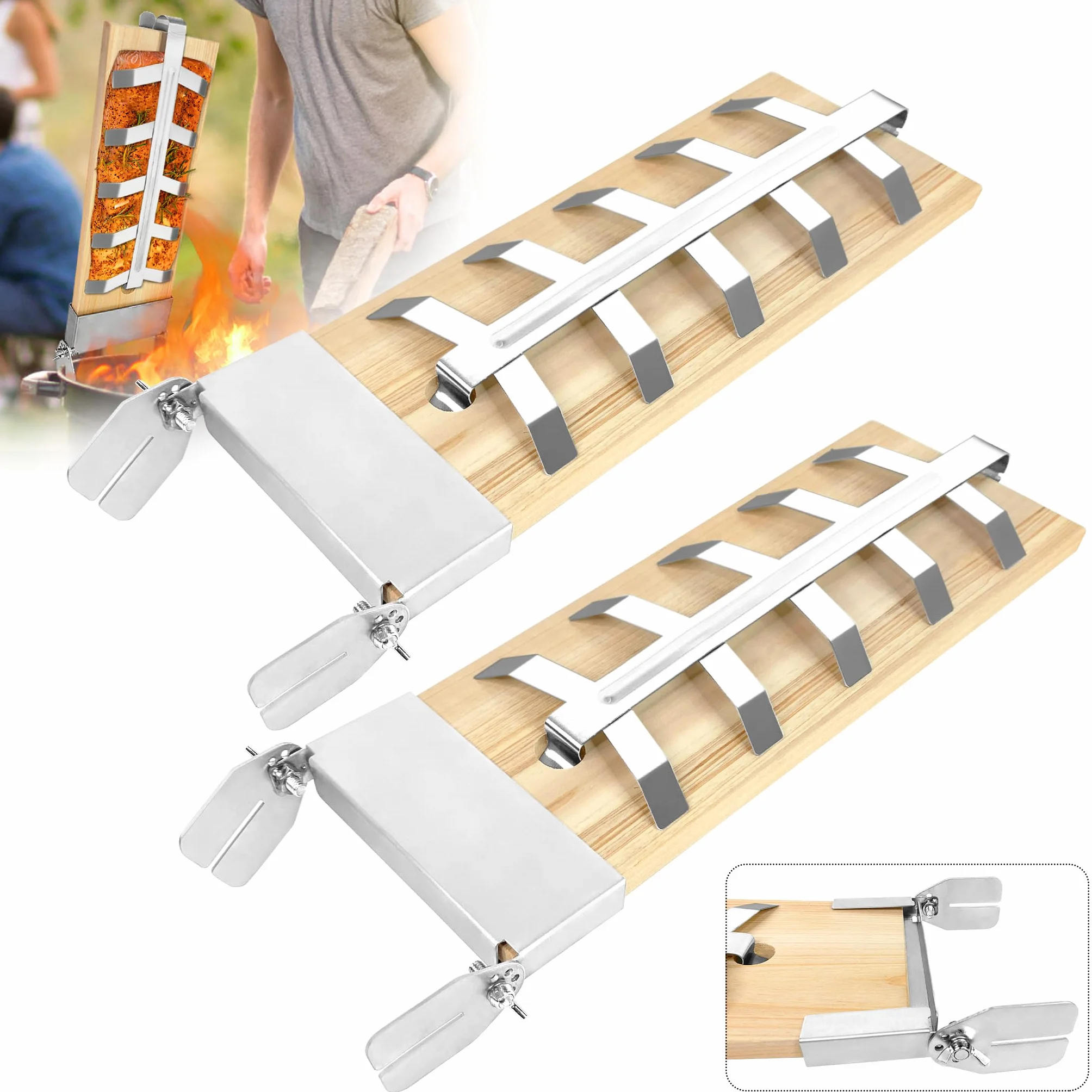 Lot de 2 planches à saumon flammé en acier inoxydable avec support réglable 5 niveaux pour barbecue