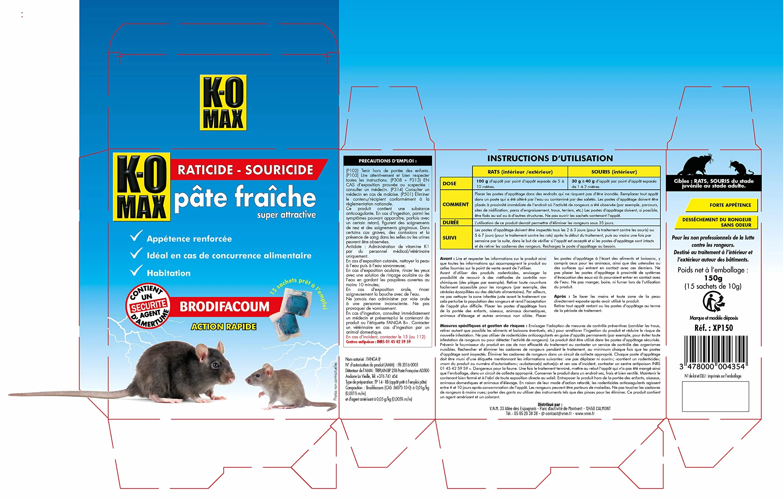 Pâte Brodifacoum Raticide Souricide 150 g - Action rapide, sans odeur, prêt à l'emploi