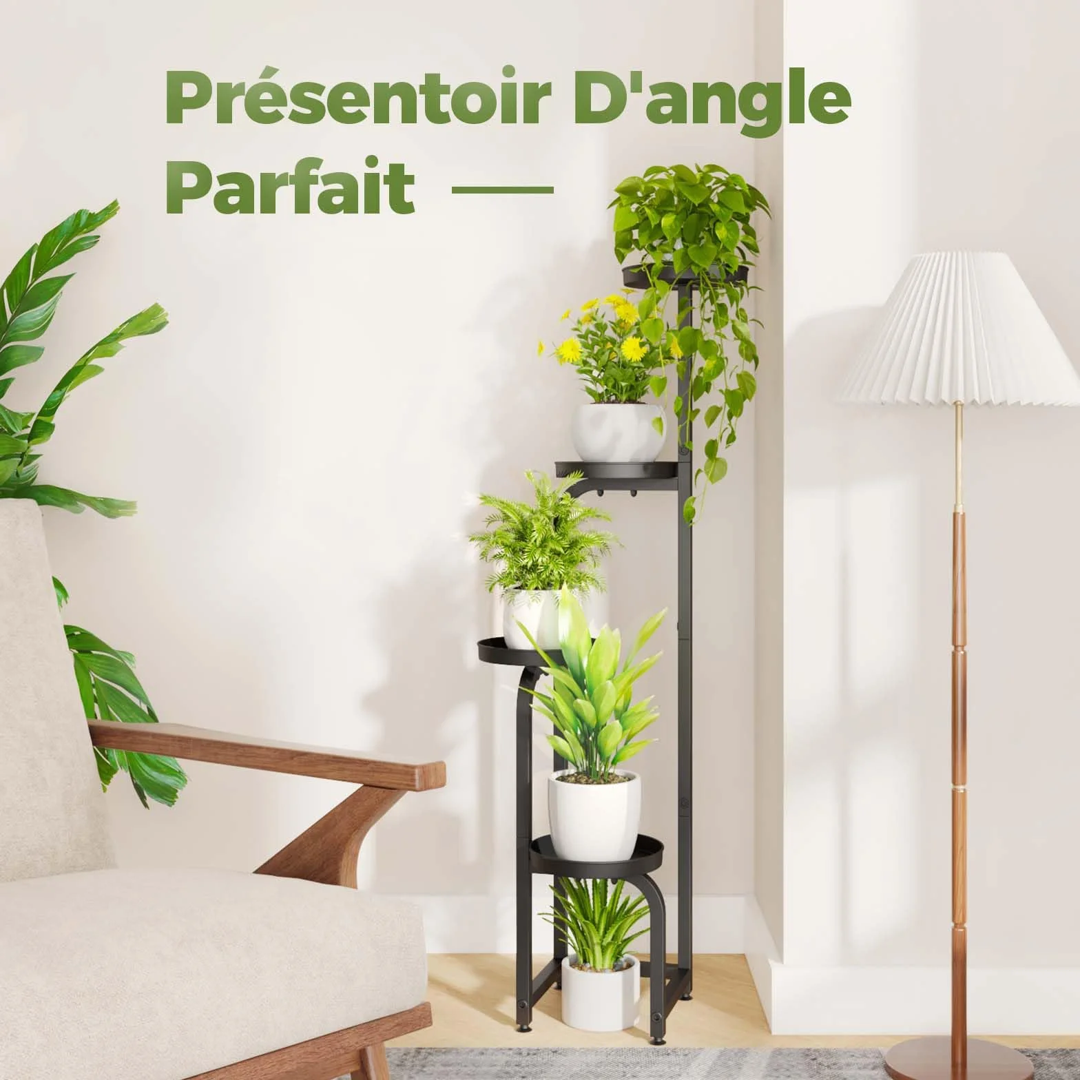 Bamworld Support Plantes Intérieur Haut 4 Niveaux Métal Étagère Plante pour Extérieur Terrasse Jardin Balcon