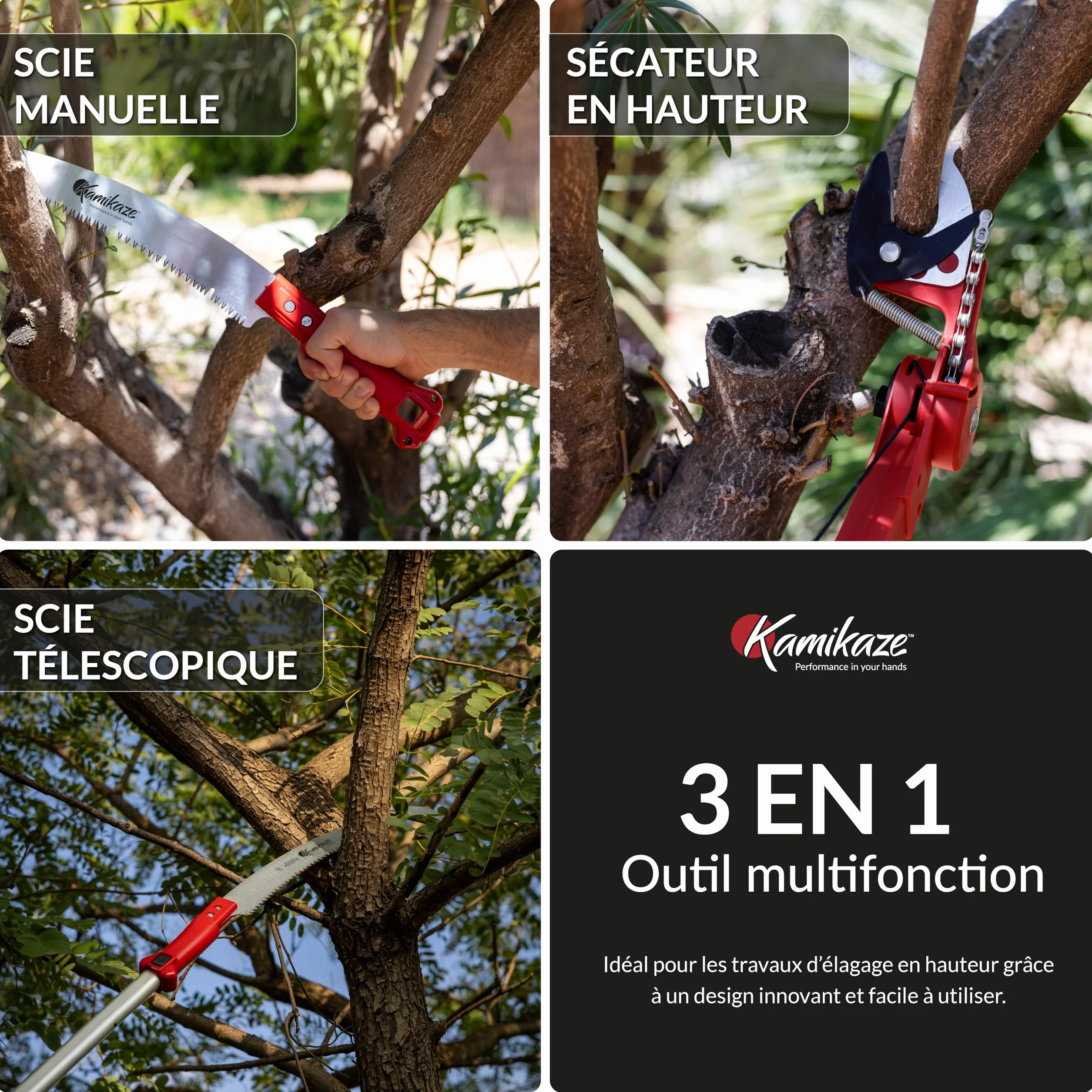 Kamikaze Kit d’Élagage en Hauteur 3 en 1 de 6m – Coupe-Branche Télescopique avec Sécateur Télescopique + Scie Télescopique, Tête Rotative, Attache Rapide, Compatible avec Outils Wolf (3 x 2 m)