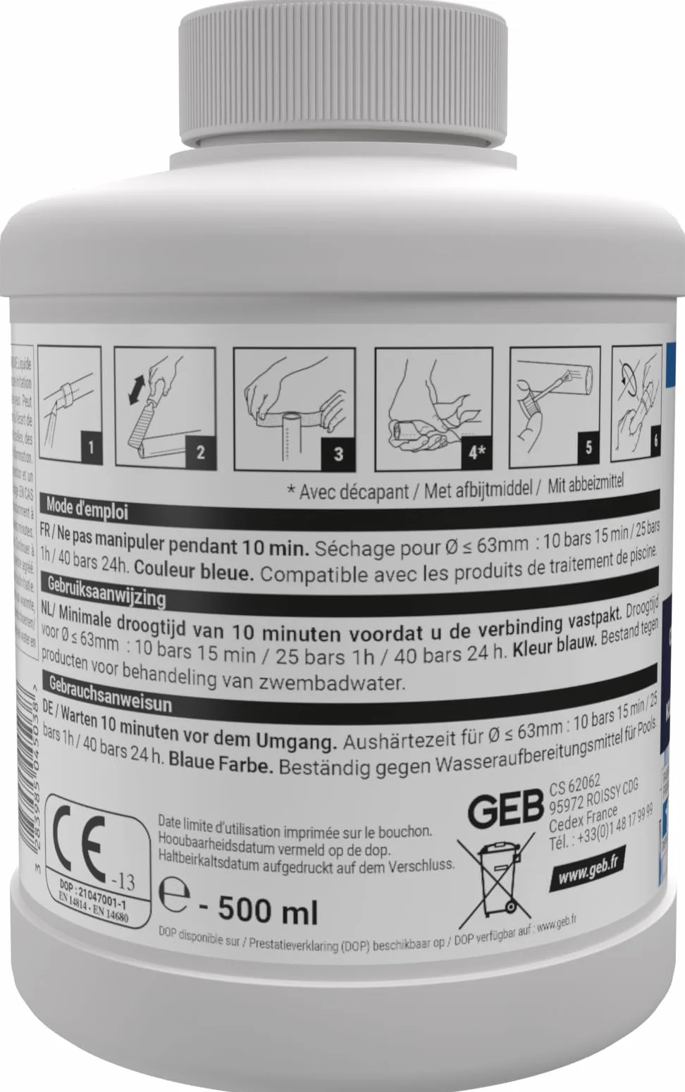 GEB Colle PVC spécial piscine jaccuzzi irrigation Gebsoblue 500ml pour assembler canalisations et raccords en PVC. Sans THF