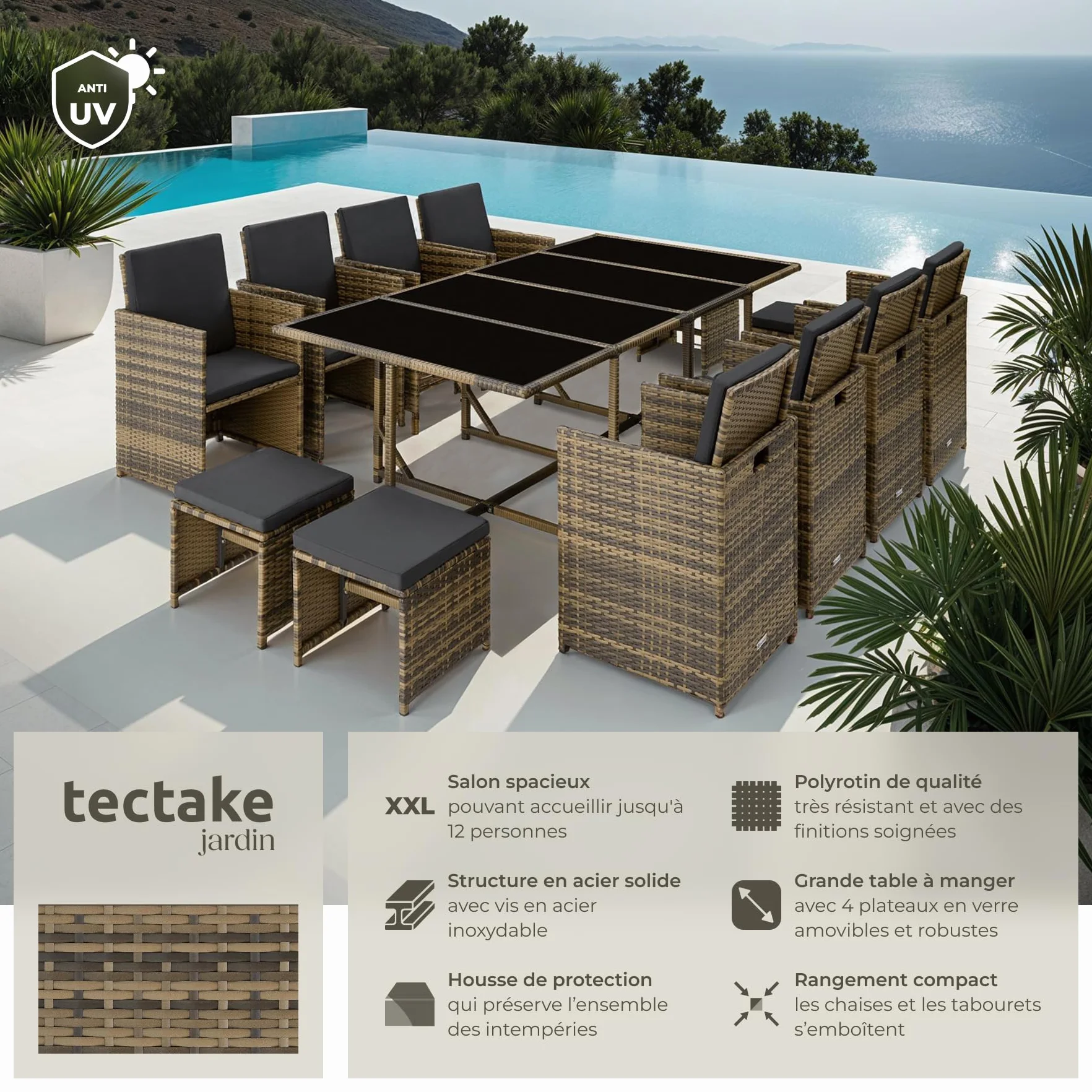 Tectake Salon en Résine Tressée Ensemble Repas Extérieur 8 Chaises 4 Tabourets 1 Table Marron Naturel Gris Foncé