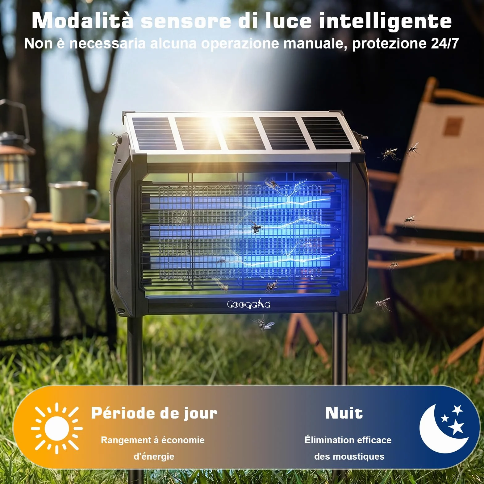 Désinsectiseur Électrique Solaire 10W Extérieur Lampe Anti-Moustiques 4000V UV IPX5 Tue-Moustiques
