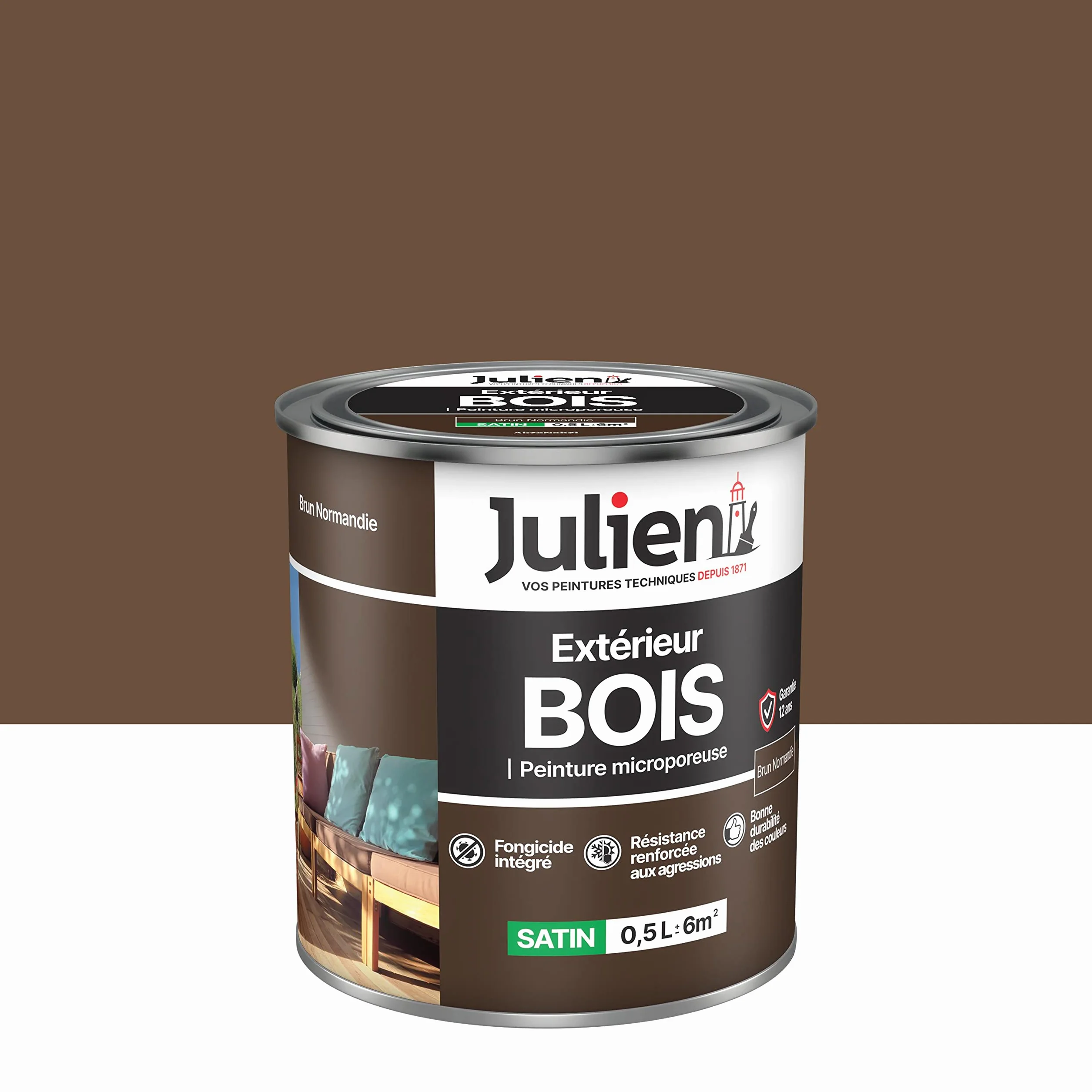 Julien Peinture Bois Microporeux Extérieur Satin - Portes, fenêtres, portails, mobilier de jardin - Brun Normandie 0,5 L