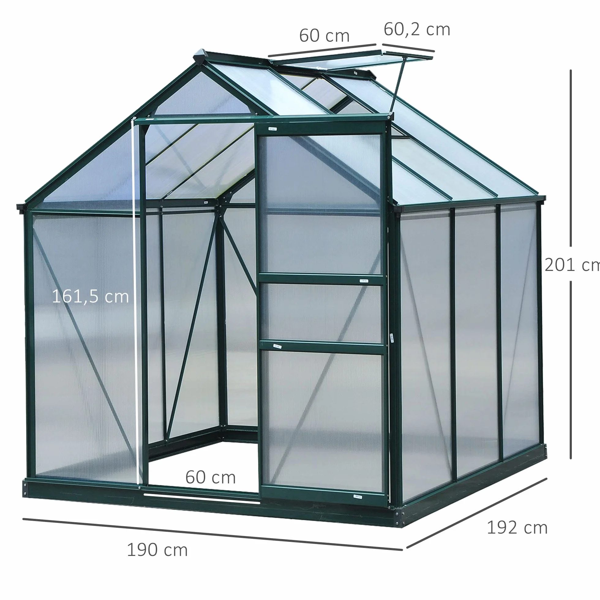 Outsunny Serre de Jardin Polycarbonate 3,65 m² 190 x 192 x 201 cm résistant aux UV