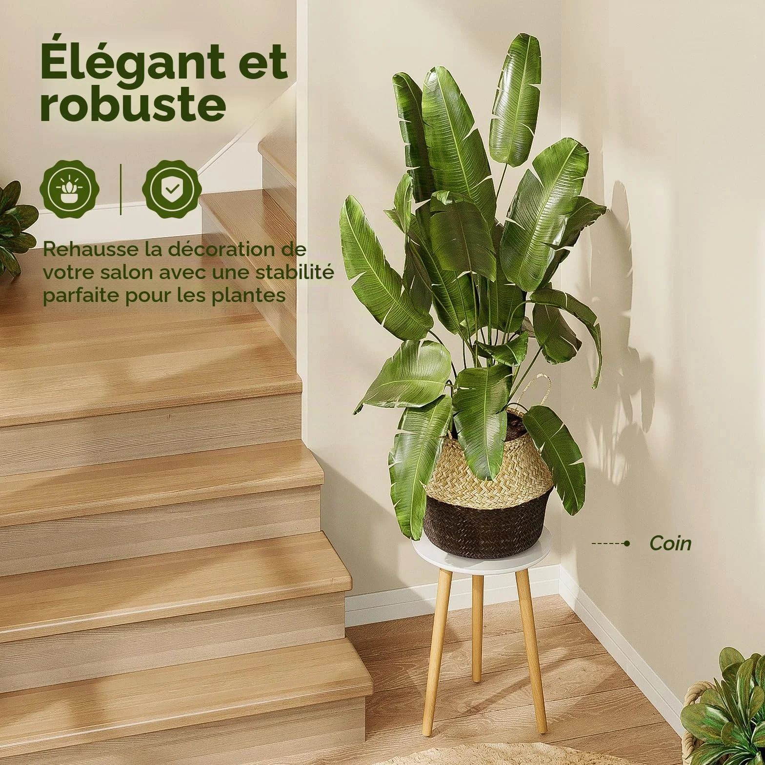 Bamworld Support pour Plantes d'Intérieur en Bois Rond, Table d'Appoint Moderne Style Milieu du Siècle - Blanc
