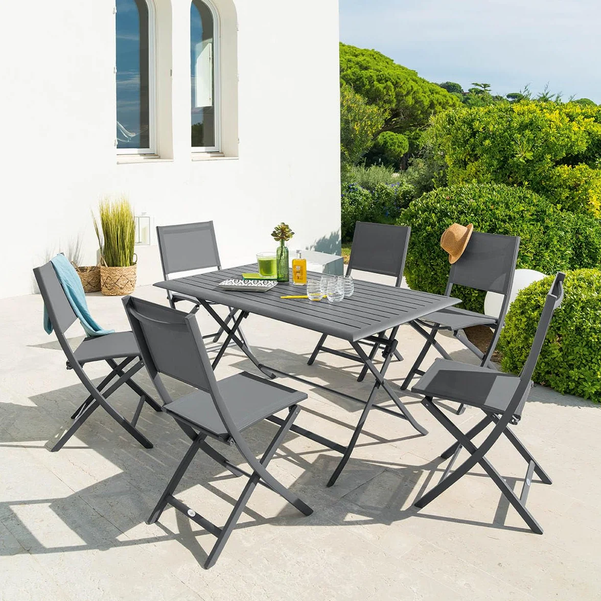 Hespéride Table de Jardin Pliante Rectangulaire Azua Gris Graphite 6 Places Aluminium Traité Epoxy Antirouille