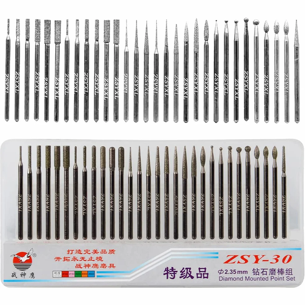 Treki 30PCS Fraises Diamant 2.35mm Tige Fraises Diamantées Titane Fraises à Limes Rotatives Accessoires Fraises Bavure à Limes pour Graver sur Céramique Pierre Verre Bijoux