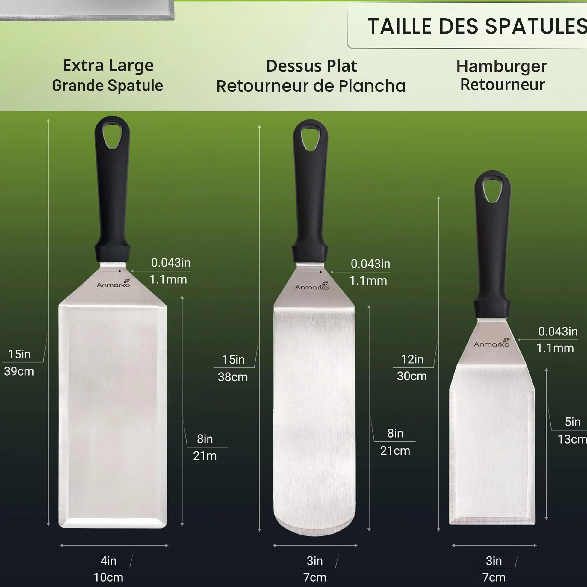 Anmarko Lot de Spatules en Acier Inoxydable pour Barbecue et Grill - Ustensiles en Métal pour Plaque en Fonte