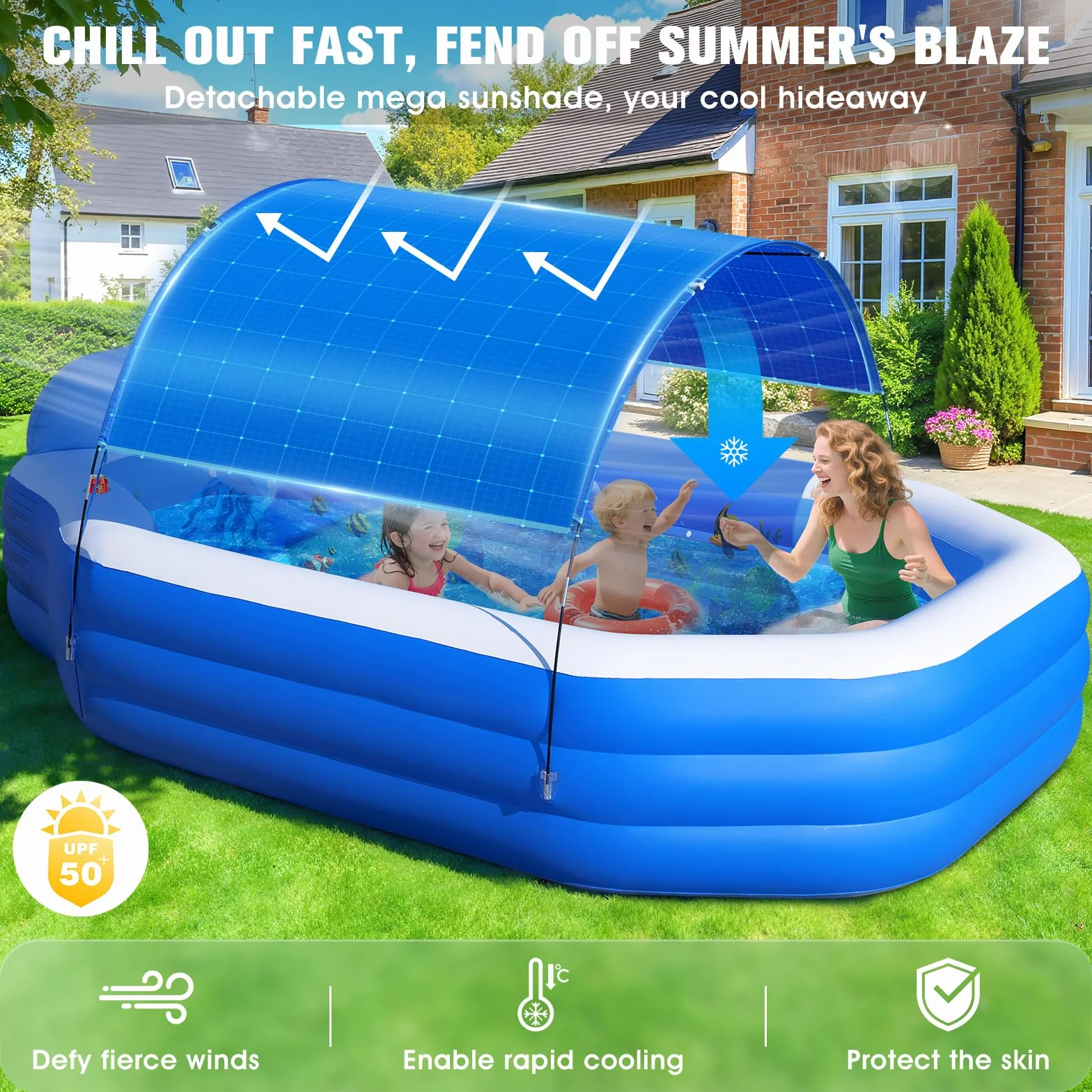 ChlorBlu Piscine Gonflable 300x190x55cm Rectangulaire avec Auvent Sièges pour Jardin Extérieur