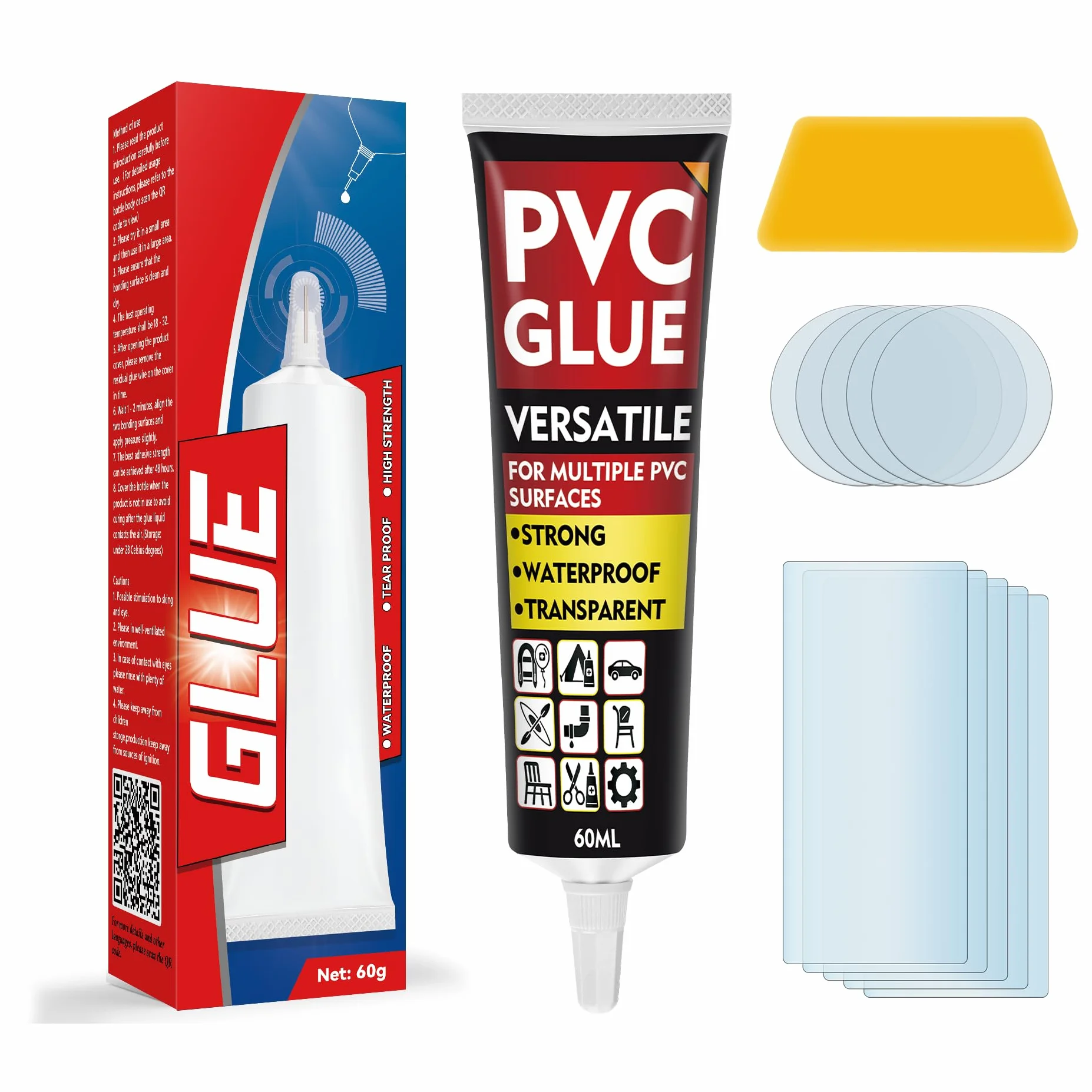 Kit Réparation Piscine 60ml Rustine Transparente pour Matelas Gonflable, Bouées, Bateaux