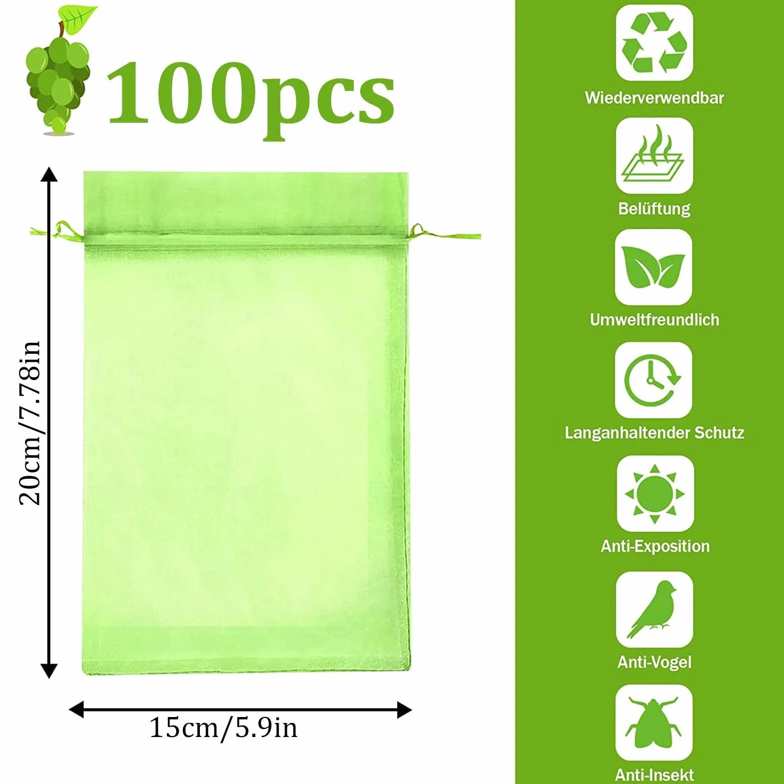 Filets Protection Fruits 100 Sacs 15x20 cm Cordon Serrage Anti-Oiseaux Guêpes Drosophile