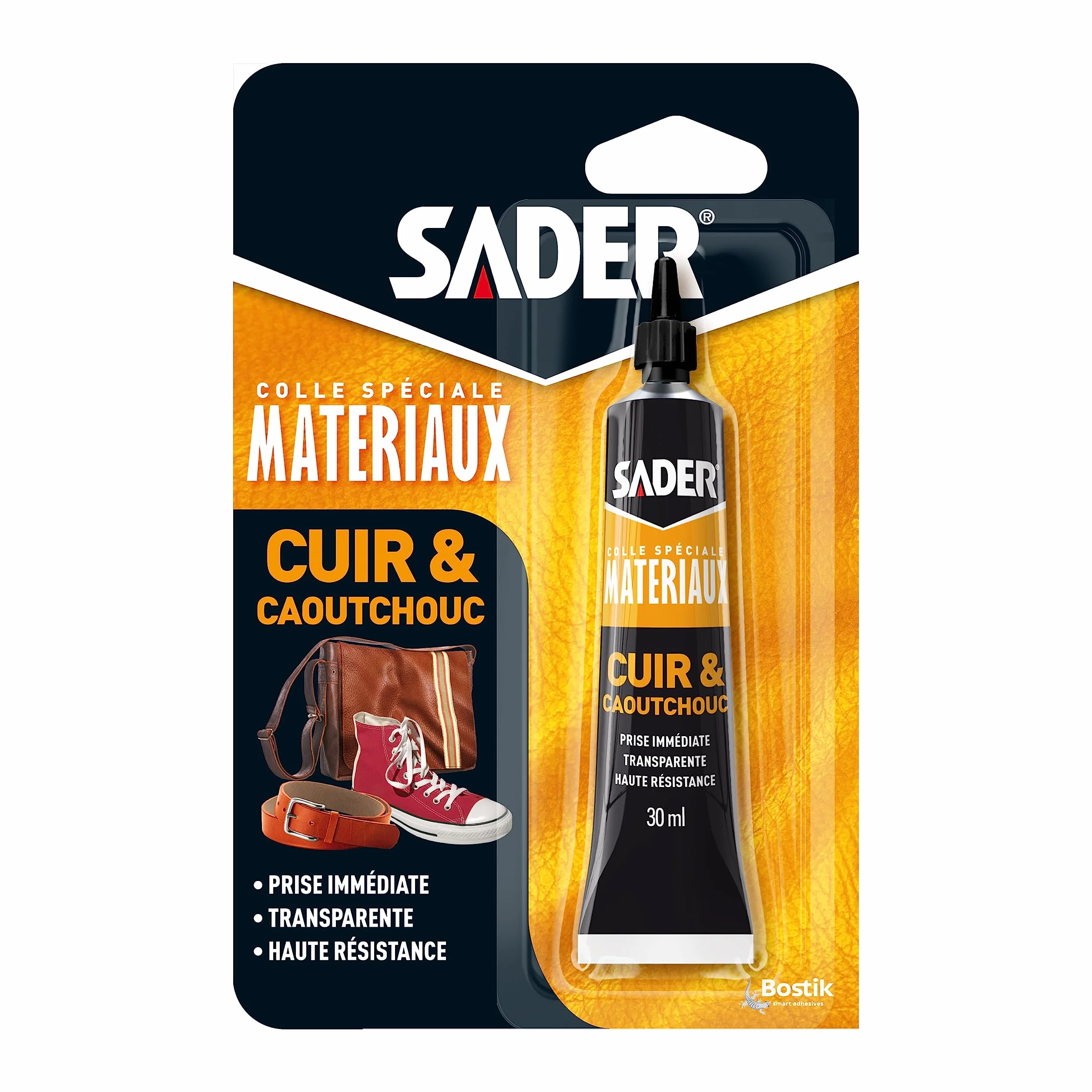 Sader Cuir et Caoutchouc – Colle Contact Type Néoprène – Prise Immédiate – Haute Résistance à l'Humidité et à la Chaleur – Formule Gel – Tube 30 ml