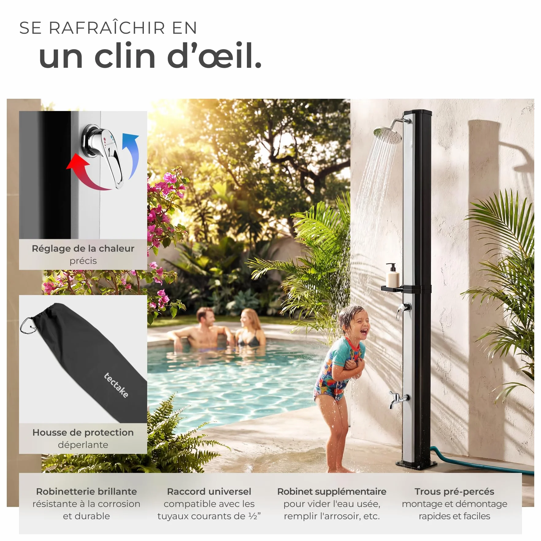 tectake Douche Solaire 35L multifonctionnelle Eau Chaude Pommeau de Douche Effet de Pluie Porte-Savon Housse de Protection Jardin Piscine Camping